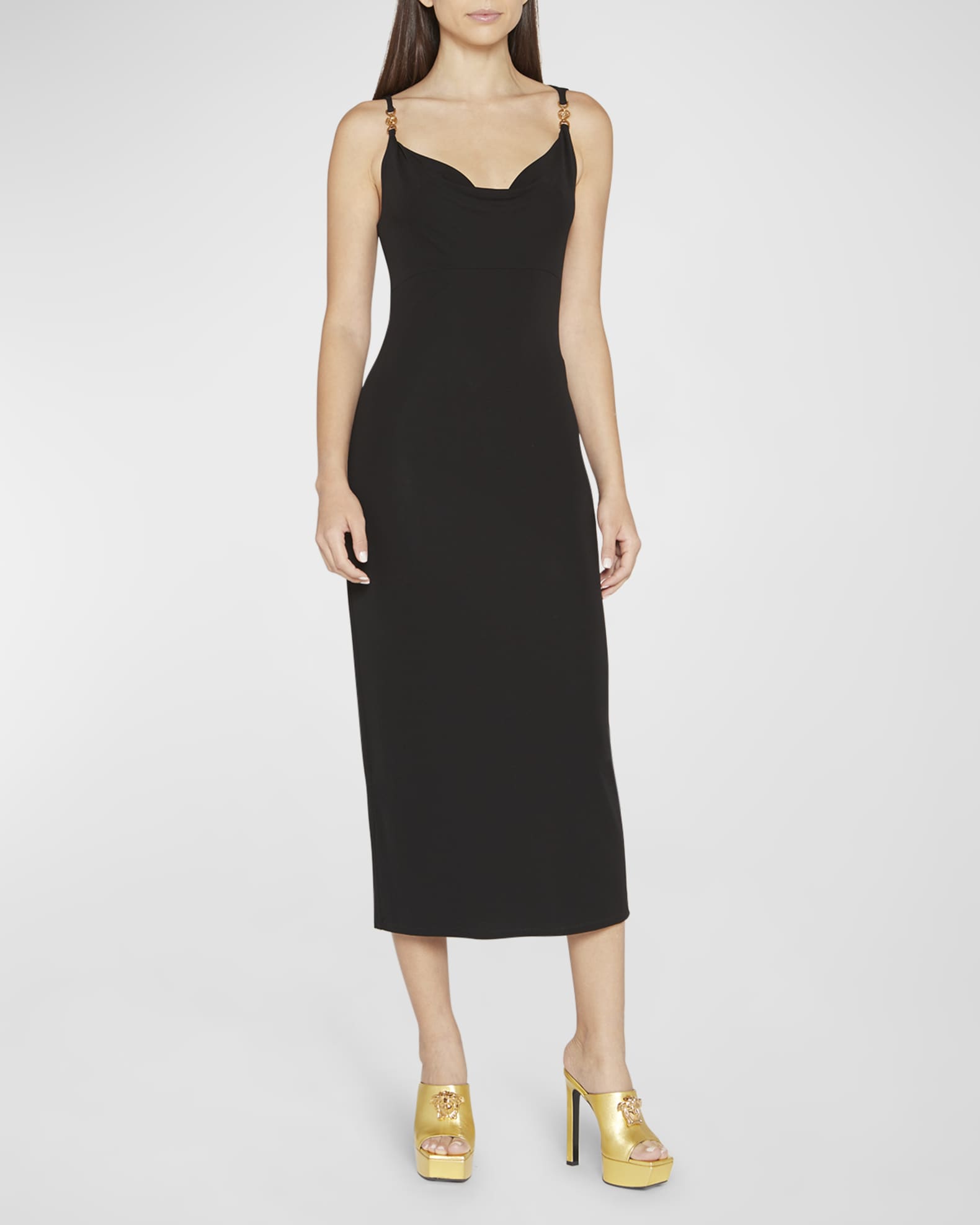 Versace Cowl-Neck Medusa-Strap Jersey Midi Dress | Neiman Marcus