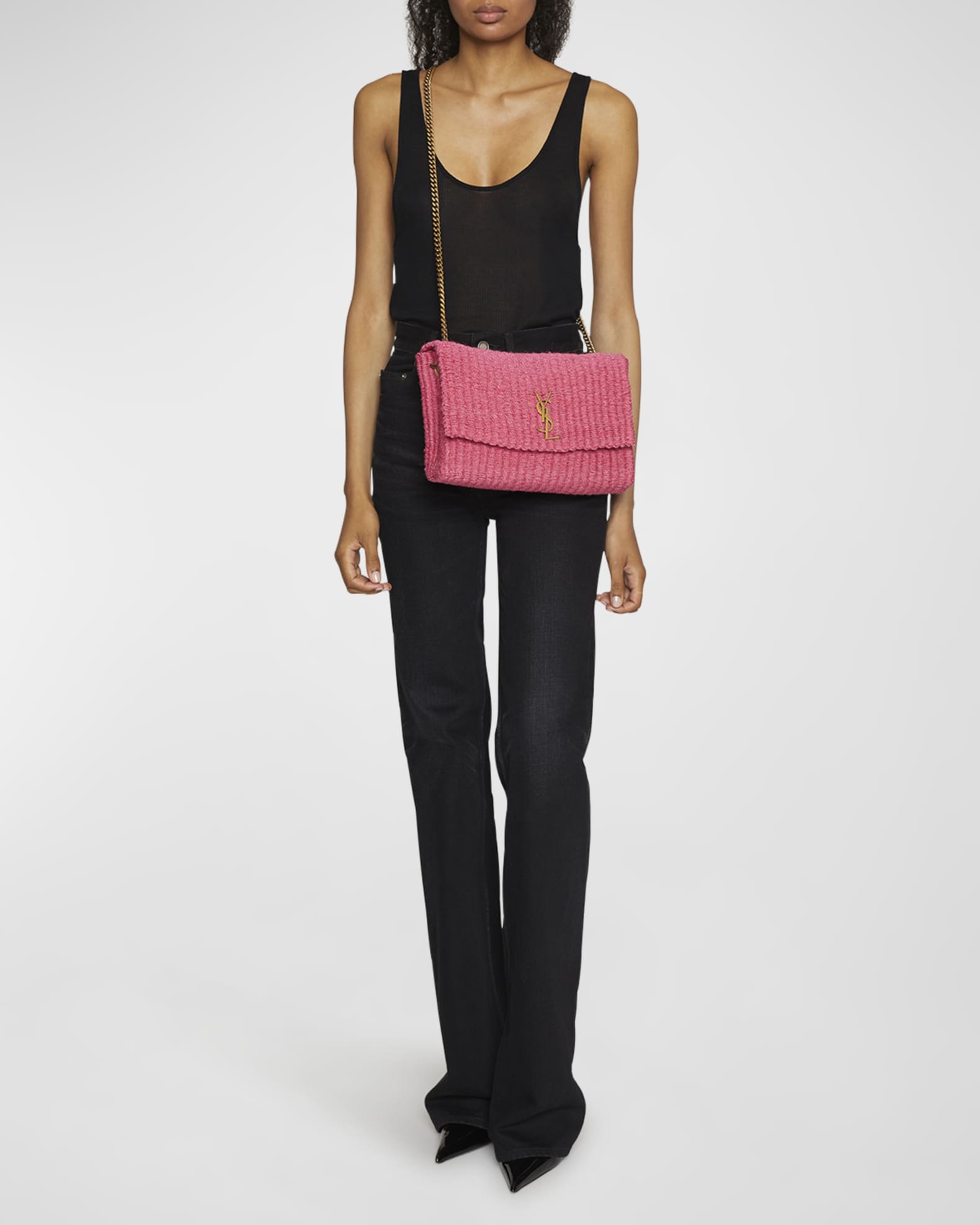 Pink Kate medium YSL-logo raffia shoulder bag, Saint Laurent
