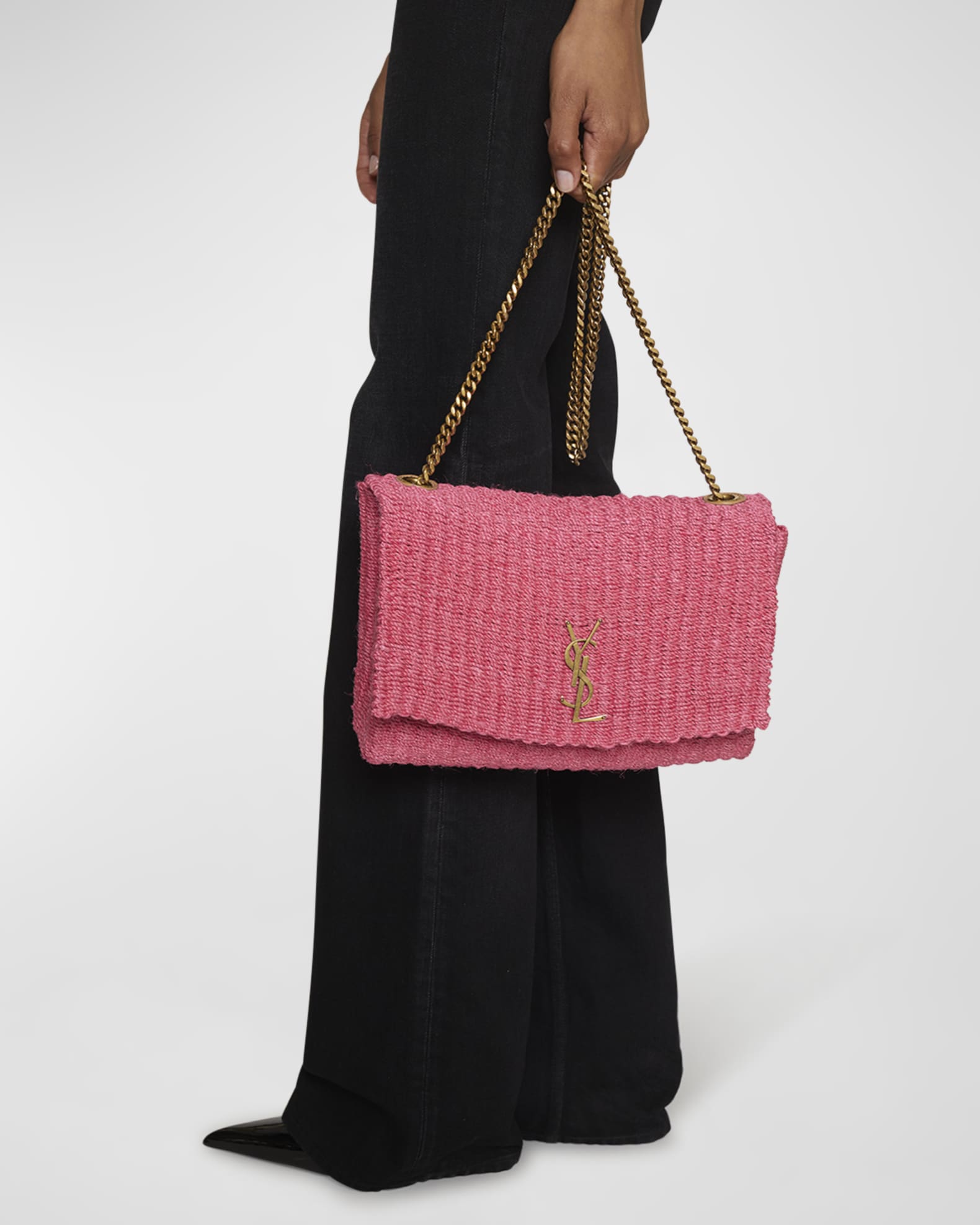 Pink Kate medium YSL-logo raffia shoulder bag, Saint Laurent