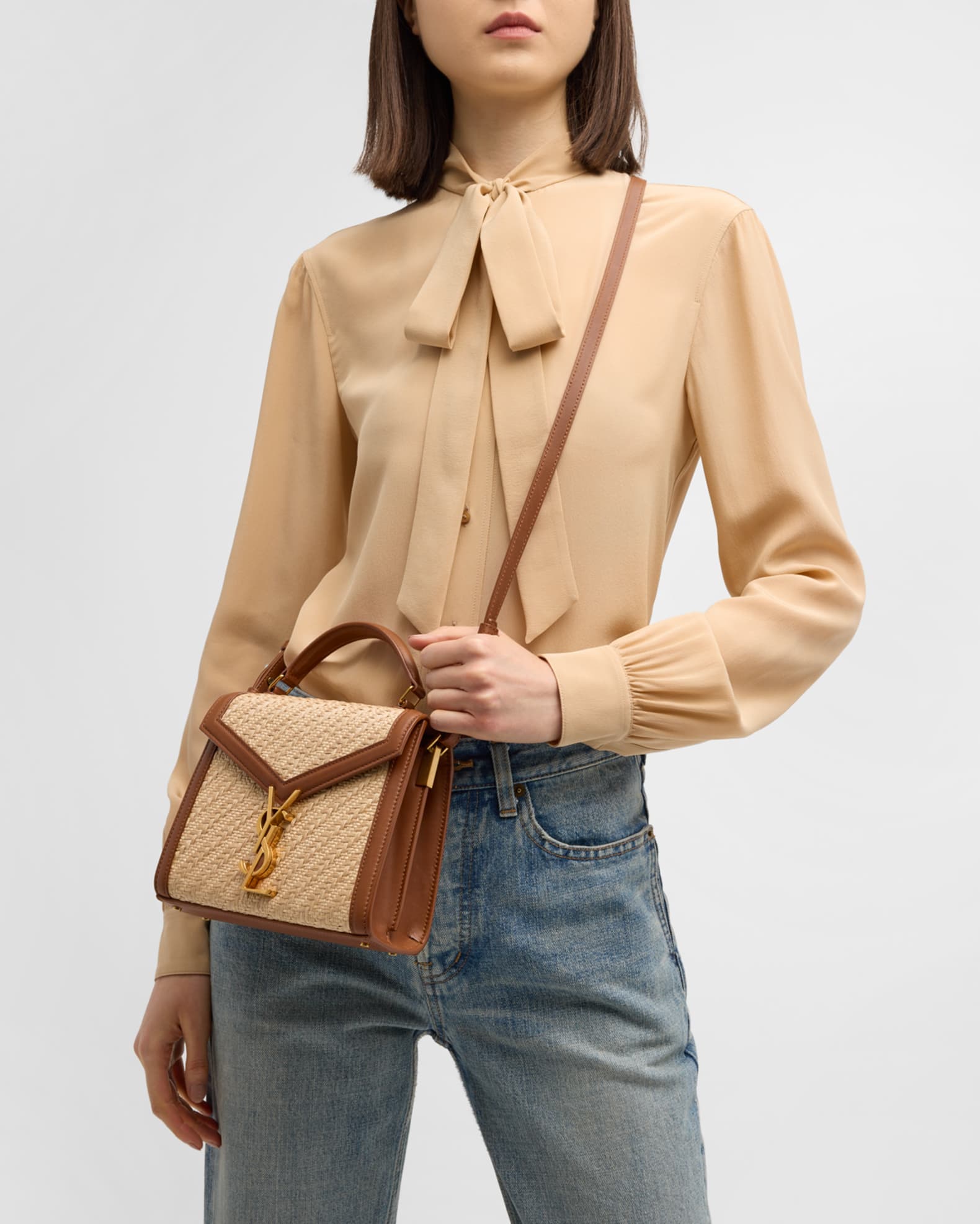 Saint Laurent Cassandra Mini Ysl Raffia Top-handle Bag In Nero