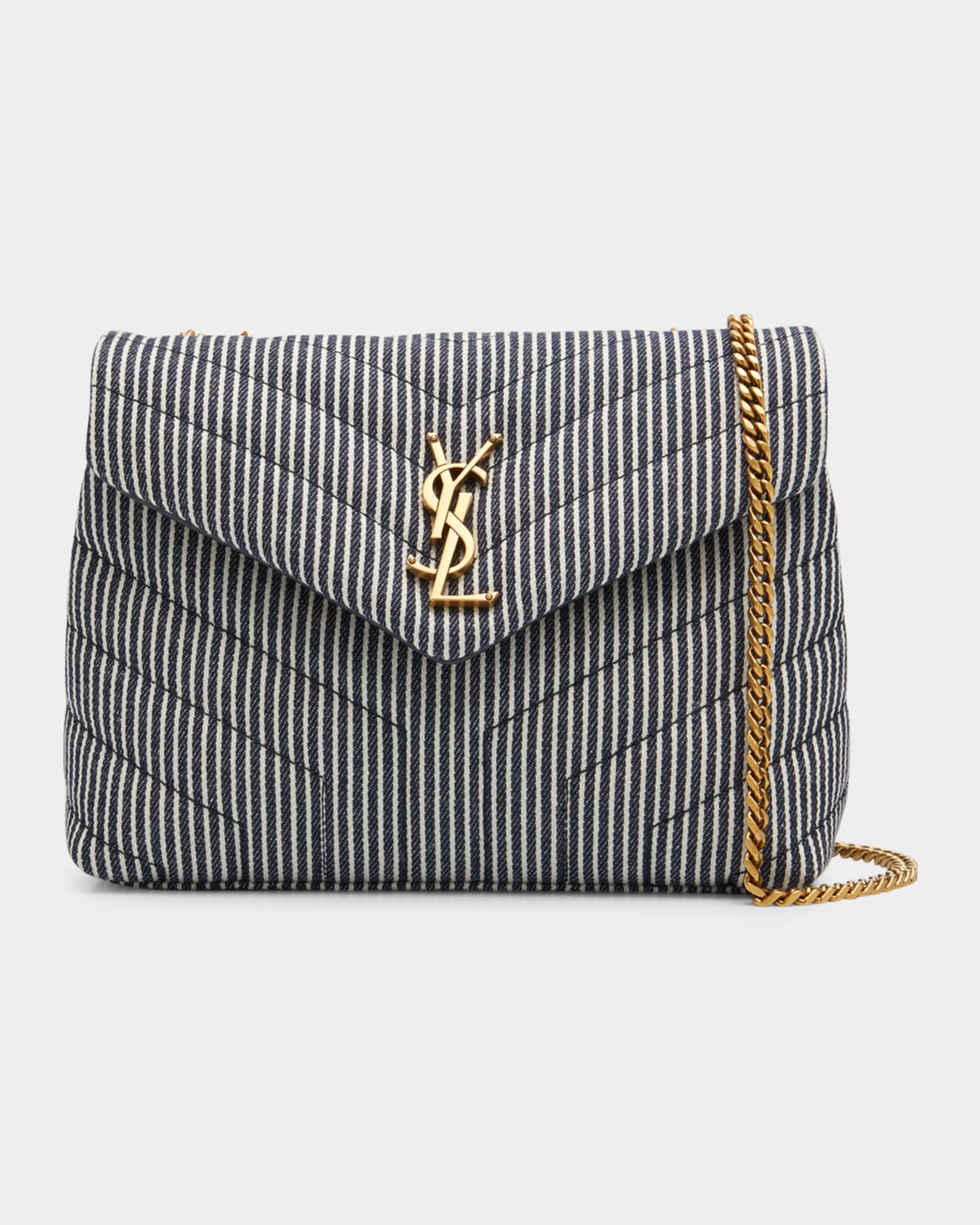 Saint Laurent Loulou Small YSL Shoulder Bag in Quilted Stripped Denim