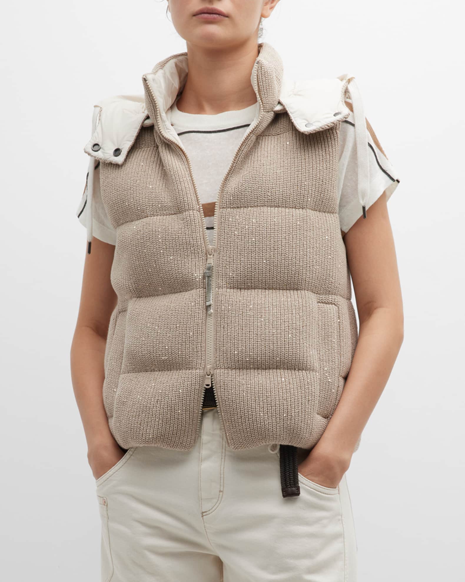 Brunello Cucinelli Monili-Trim Paillette English Rib Puffer Vest w/ Detachable  Hood | Neiman Marcus
