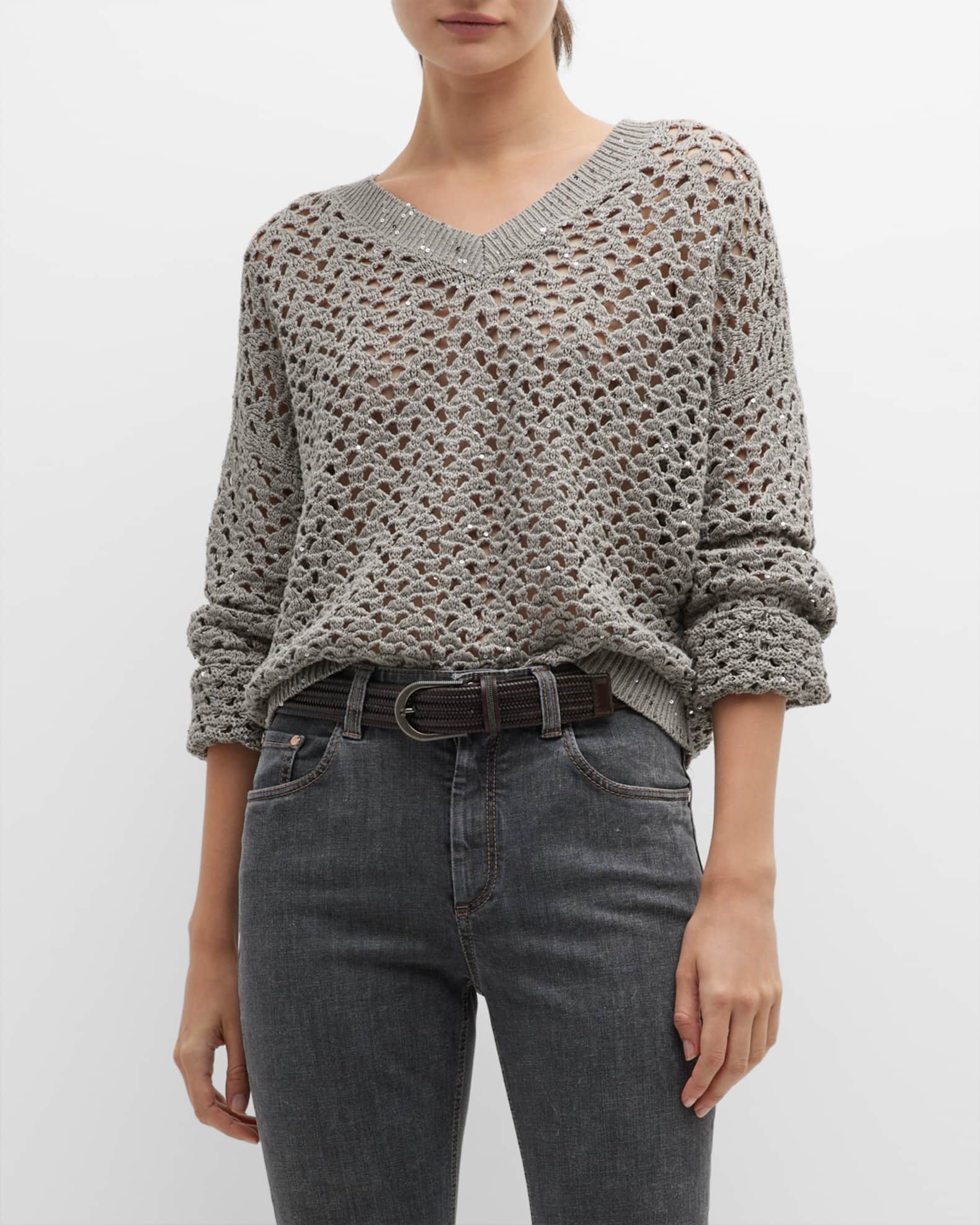 Brunello Cucinelli V-Neck Paillette Crochet Knit Sweater | Neiman Marcus