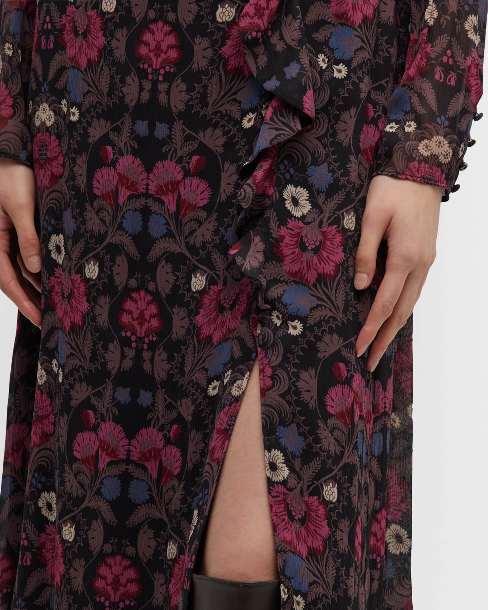 PAIGE Ledara Floral Long Sleeve Belted Midi Dress | Neiman Marcus