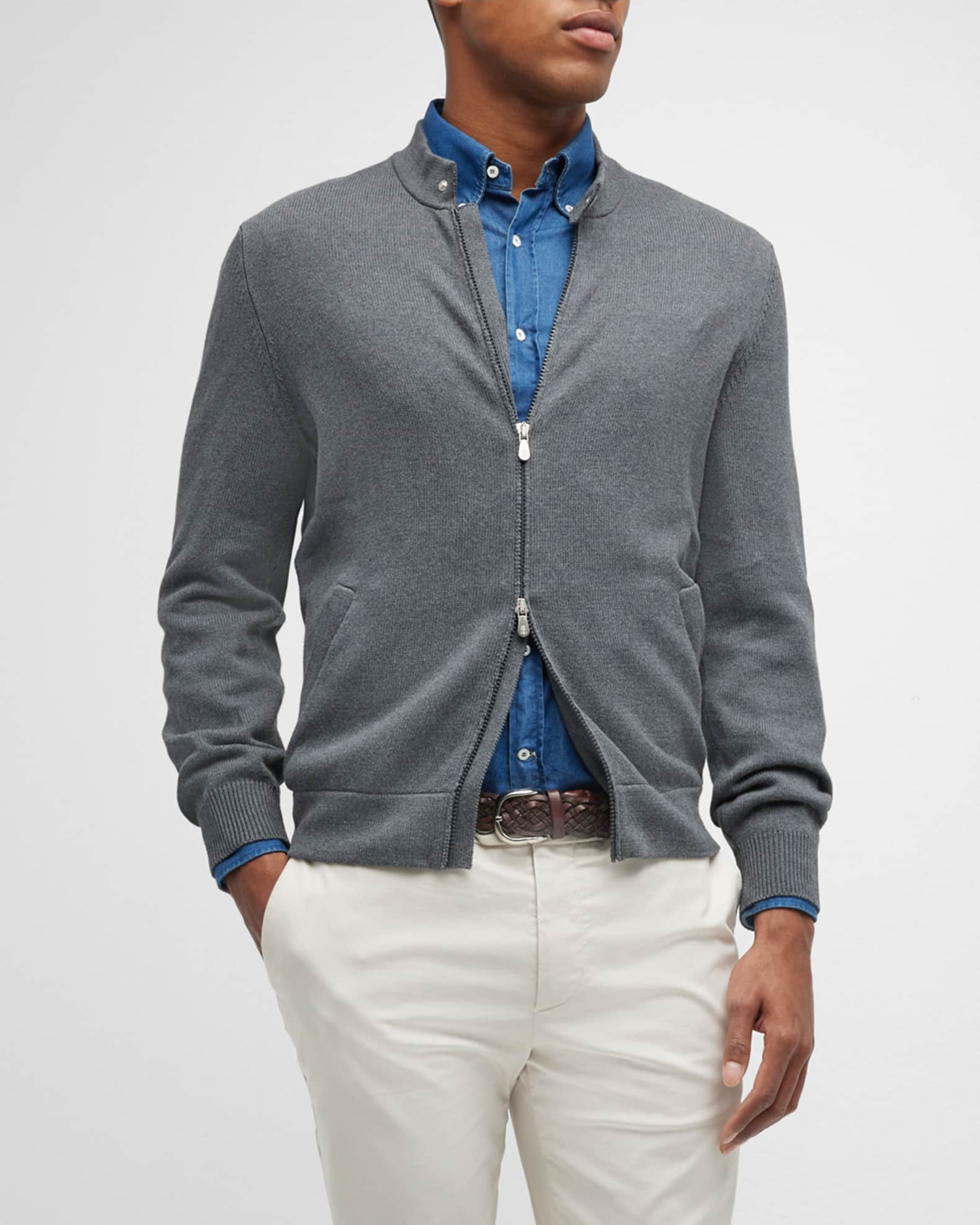 Brunello Cucinelli Men's FullZip Cotton Cardigan with Throat Latch Neiman Marcus