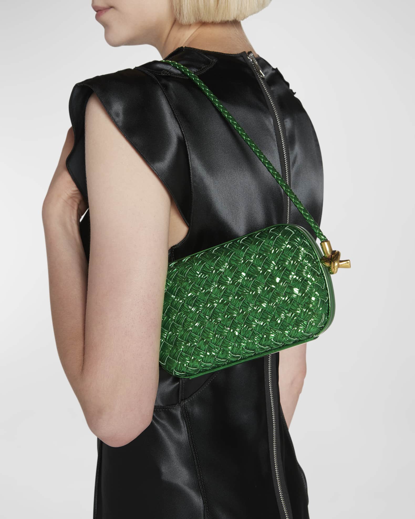Bottega Veneta Light Green Intrecciato Woven Leather Frame Pochette Bag