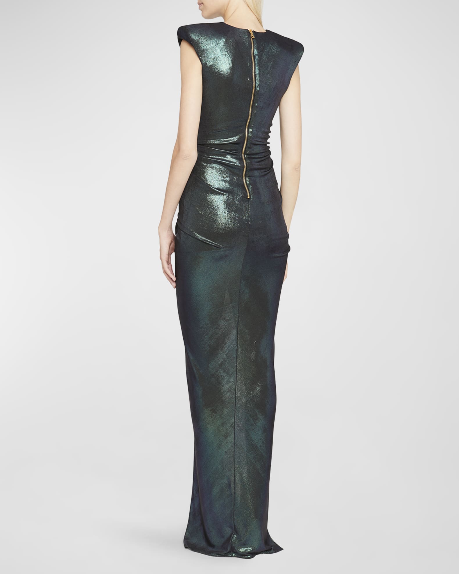 Balmain Iridescent Gathered Column Gown w/ Padded Shoulders | Neiman Marcus