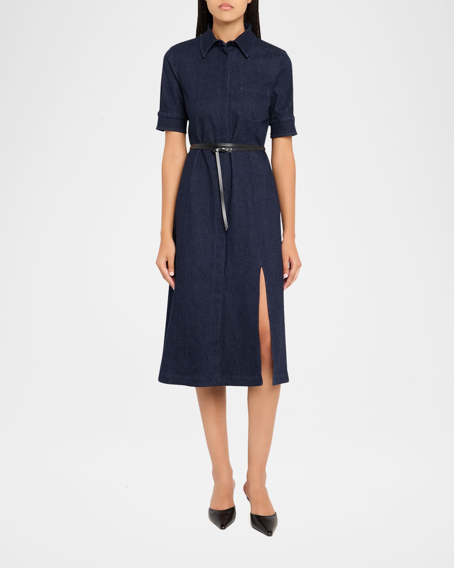Altuzarra Kieran Denim Leather Belted Midi Dress | Neiman Marcus