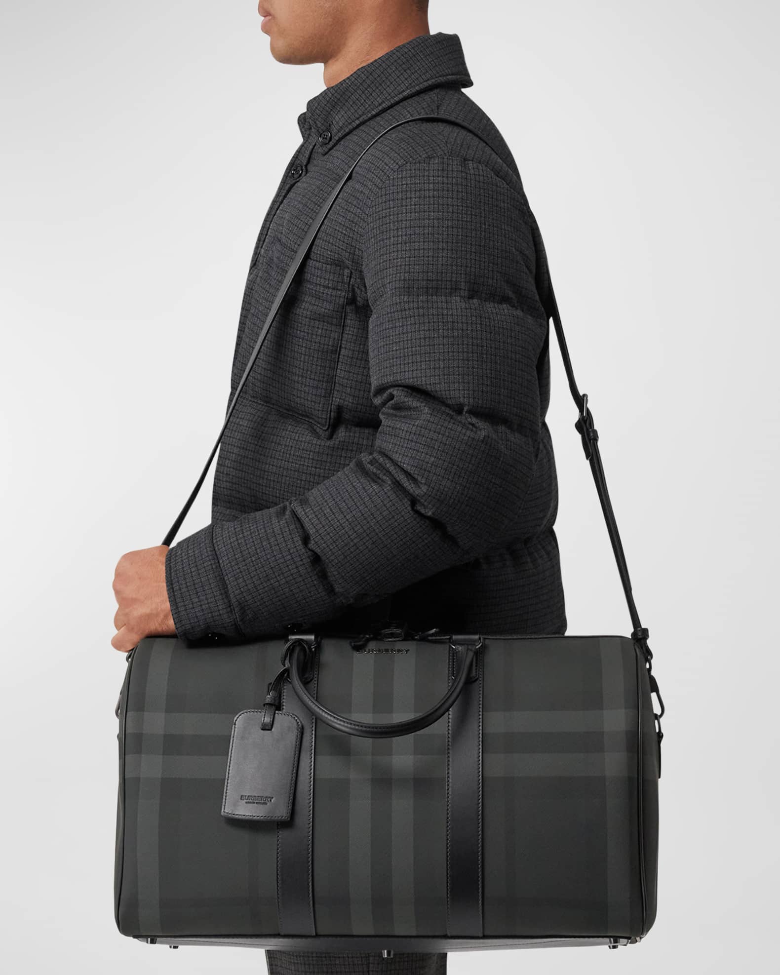 Burberry Men's Charcoal Check Holdall Duffel Bag | Marcus