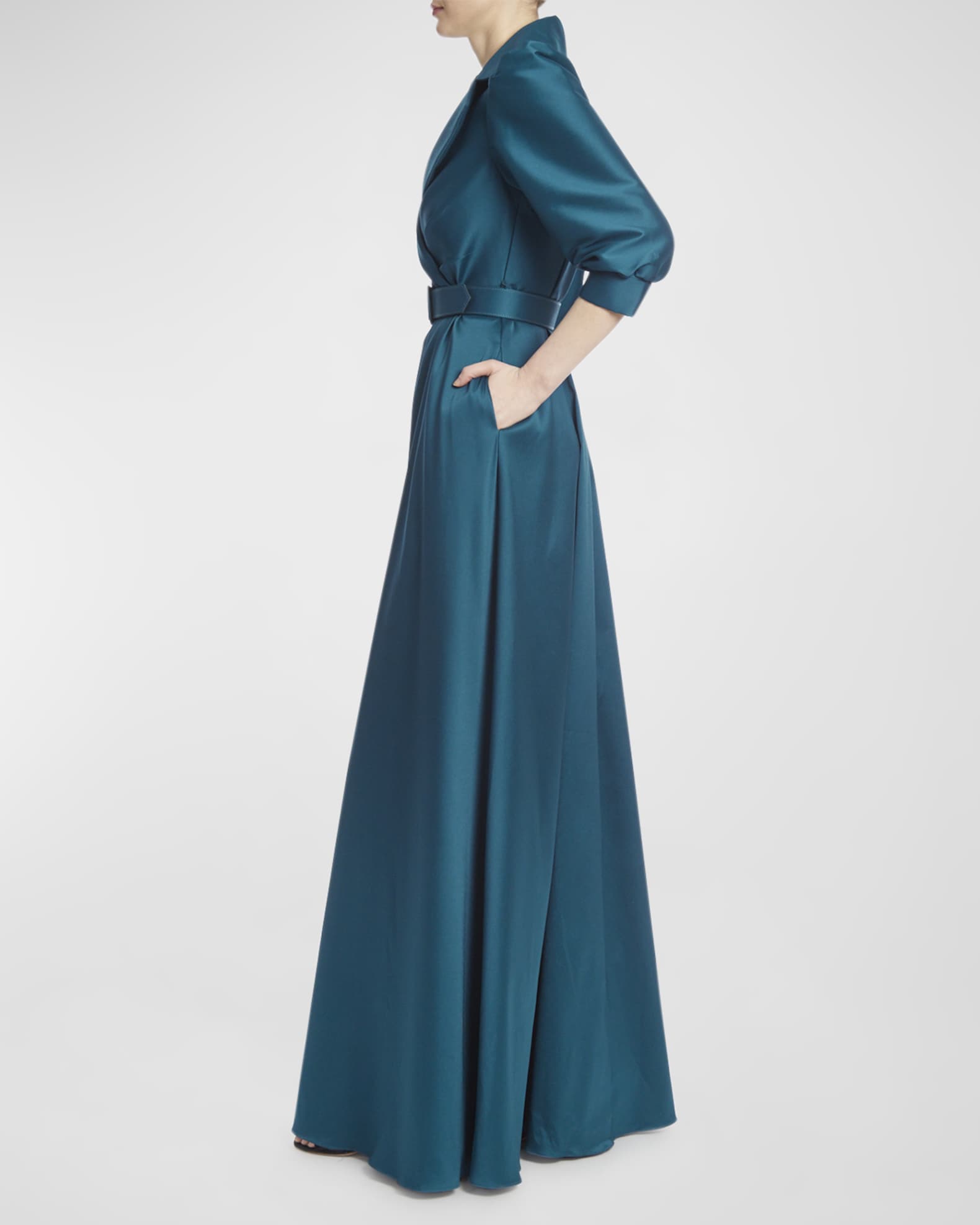 Badgley Mischka Collection Pleated Belted Shirt Gown | Neiman Marcus