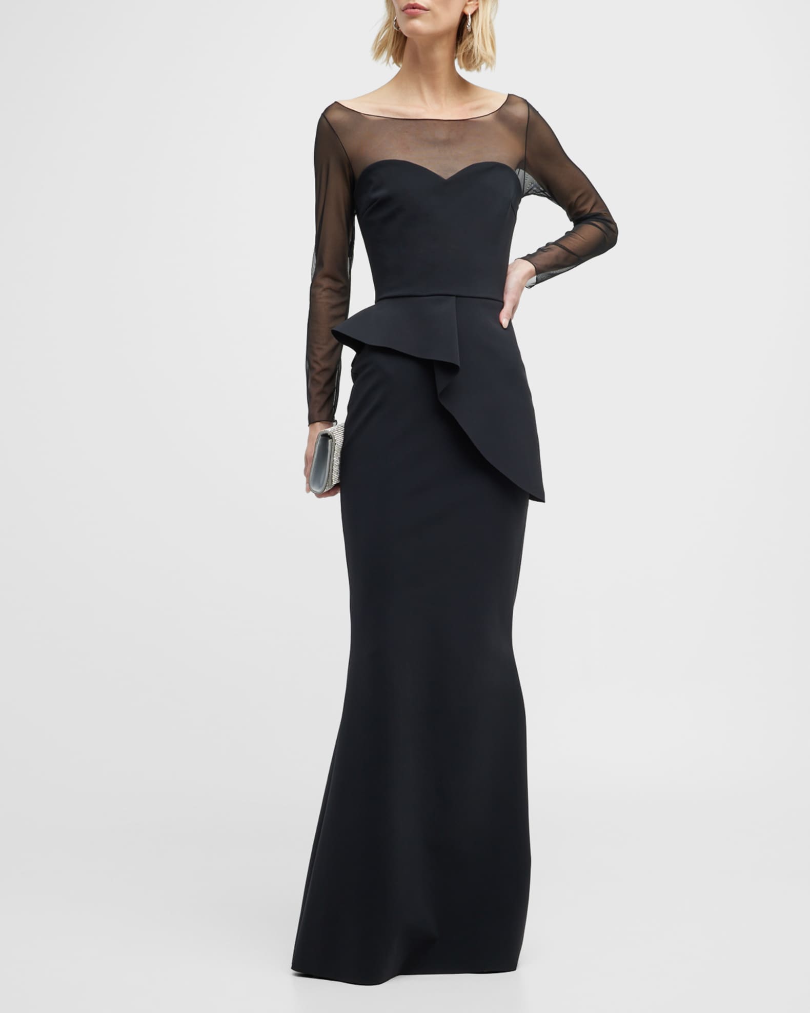 Chiara Boni La Petite Robe Long Sleeve Illusion Peplum Gown Neiman Marcus