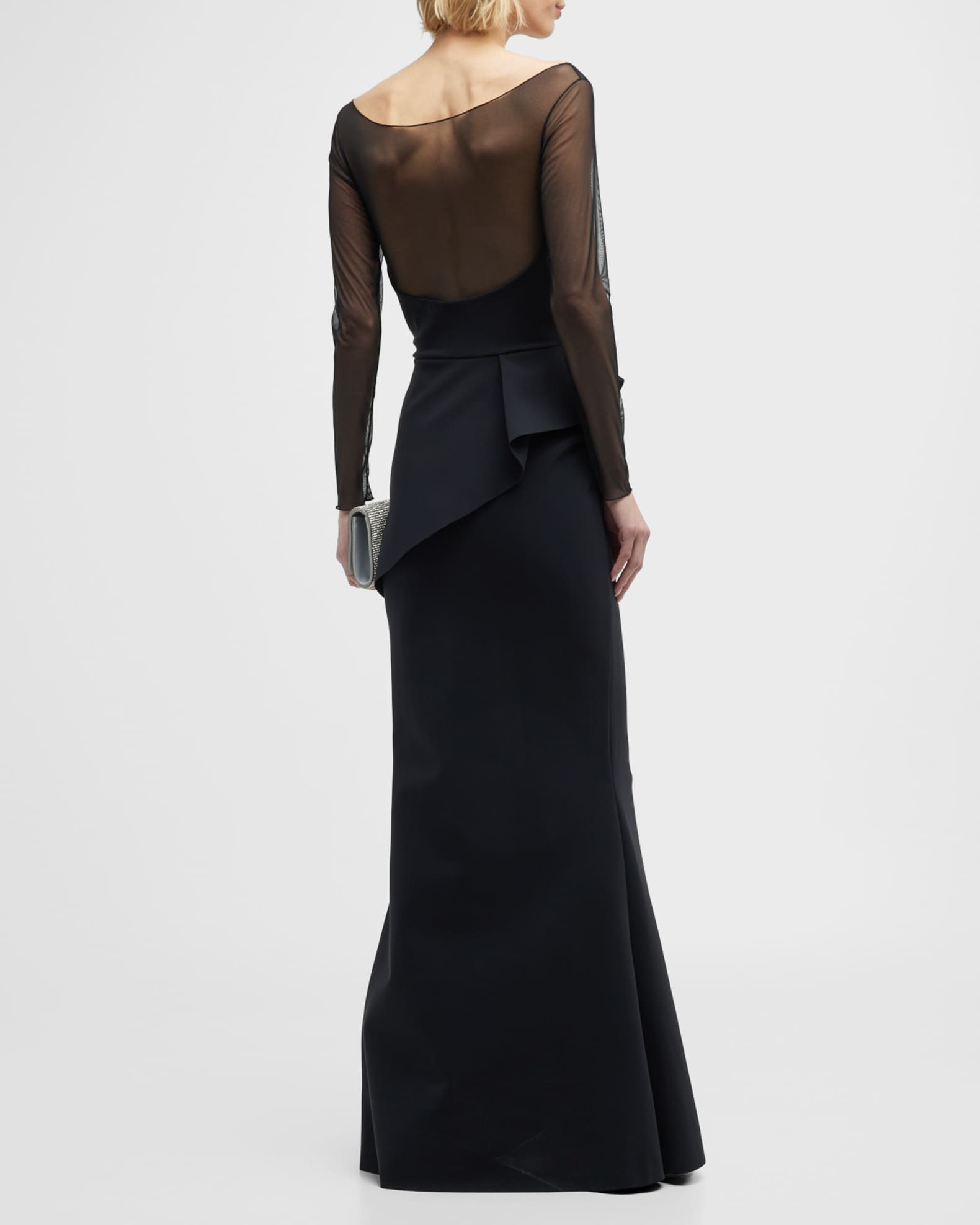 Chiara Boni La Petite Robe Long Sleeve Illusion Peplum Gown Neiman Marcus