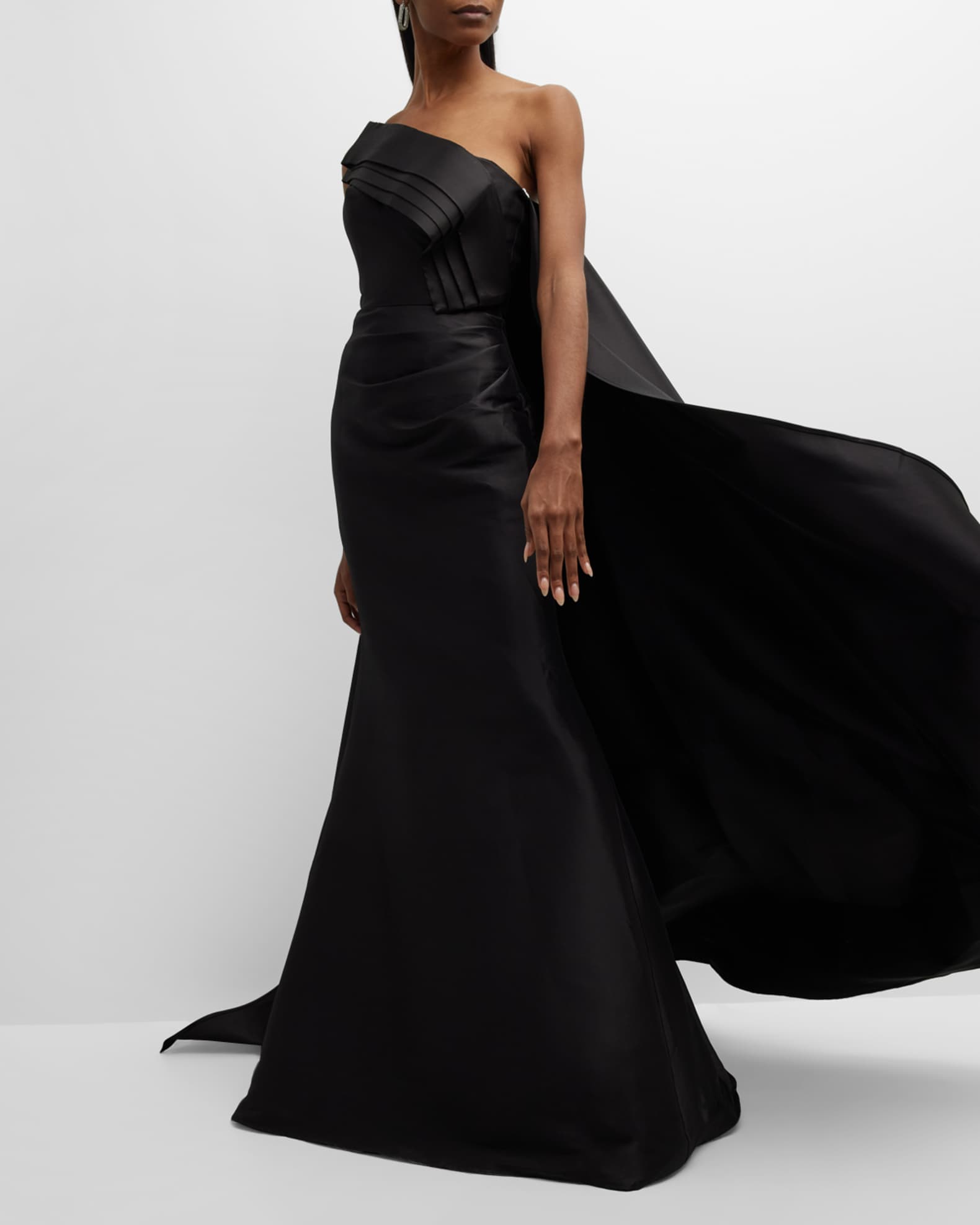 Jovani One-Shoulder Pleated A-Line Cape Gown | Neiman Marcus