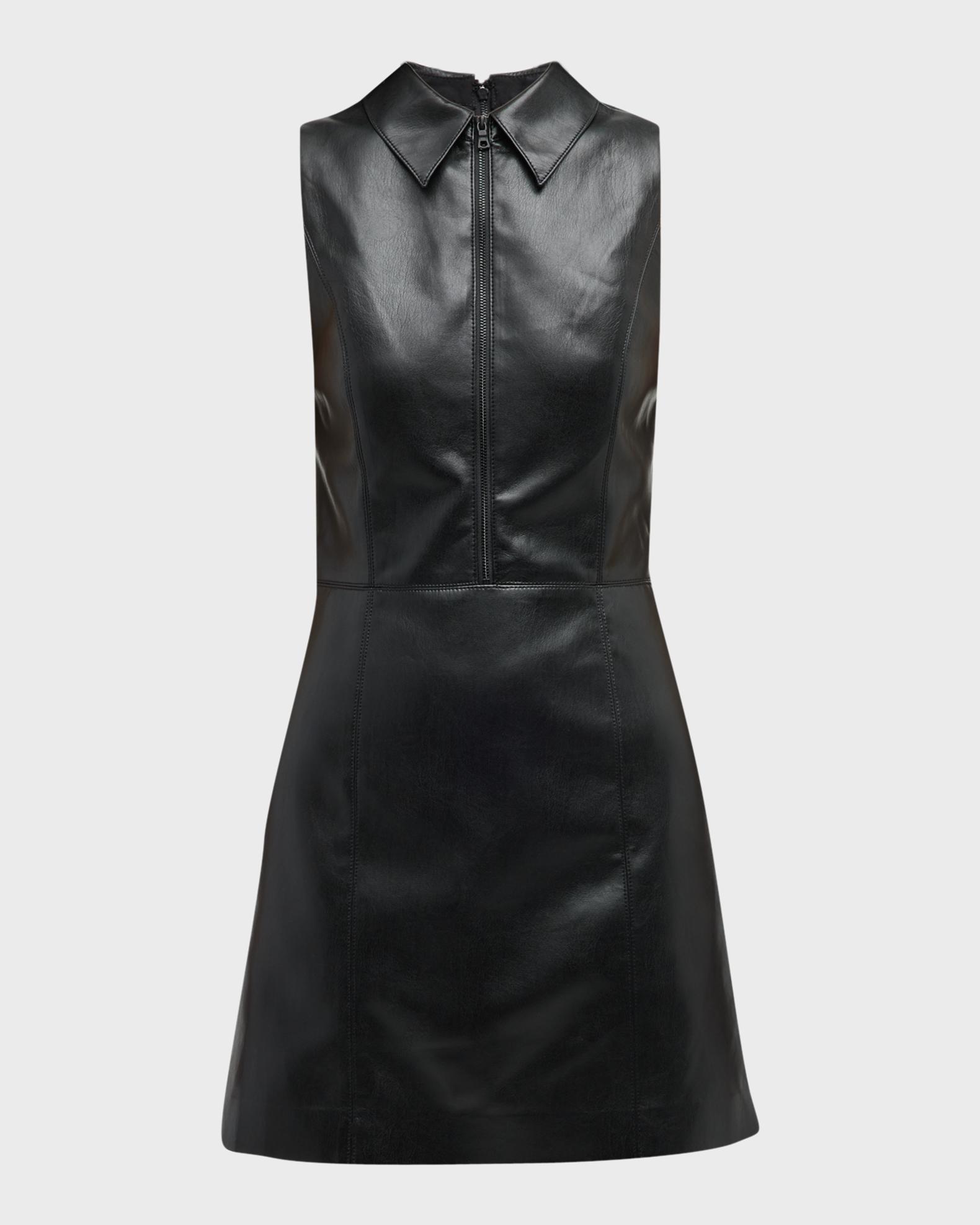 zip front leather mini dress Genuine Leather Black Mini Dress, Zip Front Long Sleeve Dress