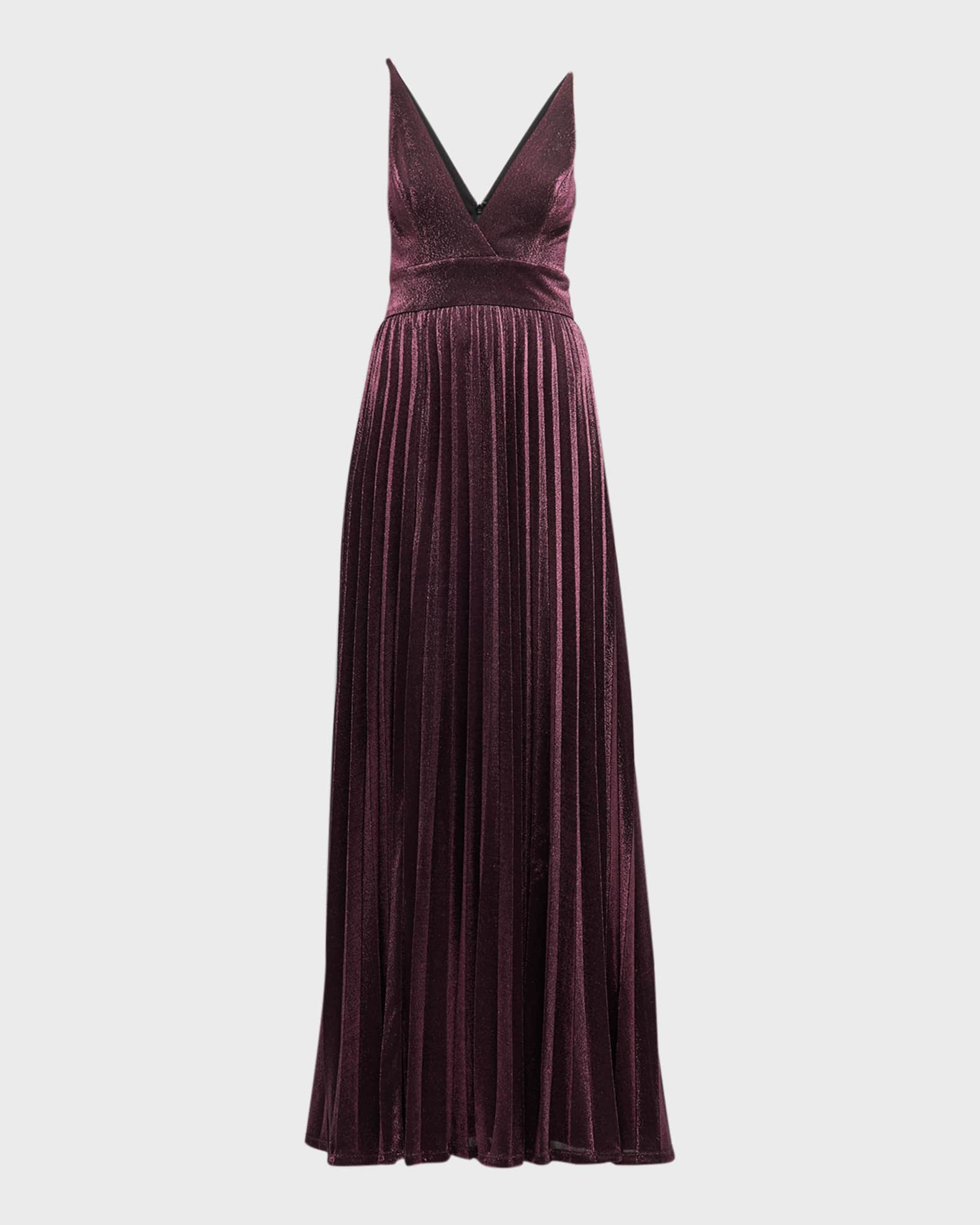 Dress The Population Danae Pleated Deep V-Neck Shimmer Gown | Neiman Marcus