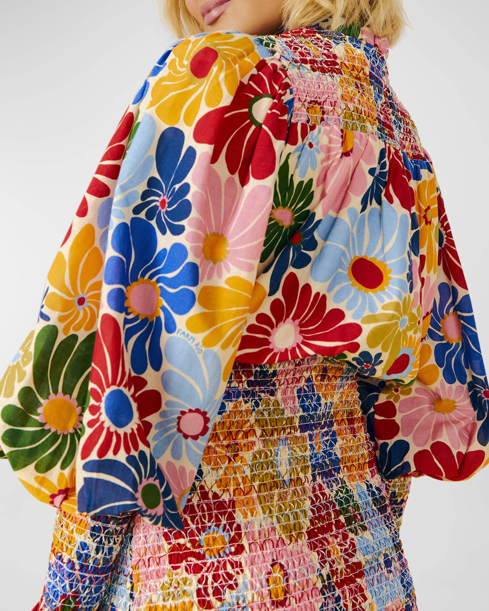 Farm Rio Sunny Daisies Smocked RuffleTrim Mini Dress Neiman Marcus