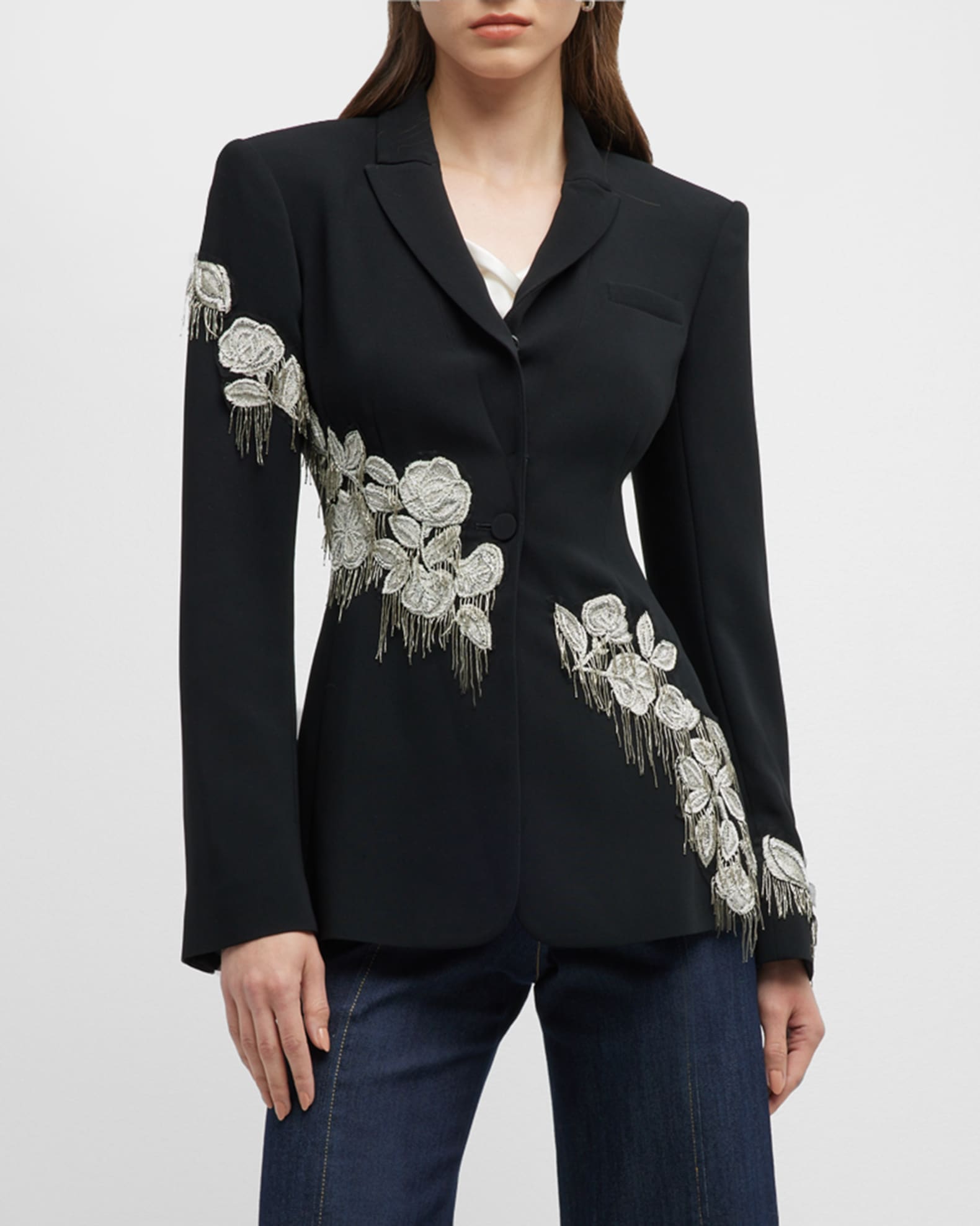 Cinq a Sept Candace Embroidered Fringe Crepe Blazer | Neiman Marcus
