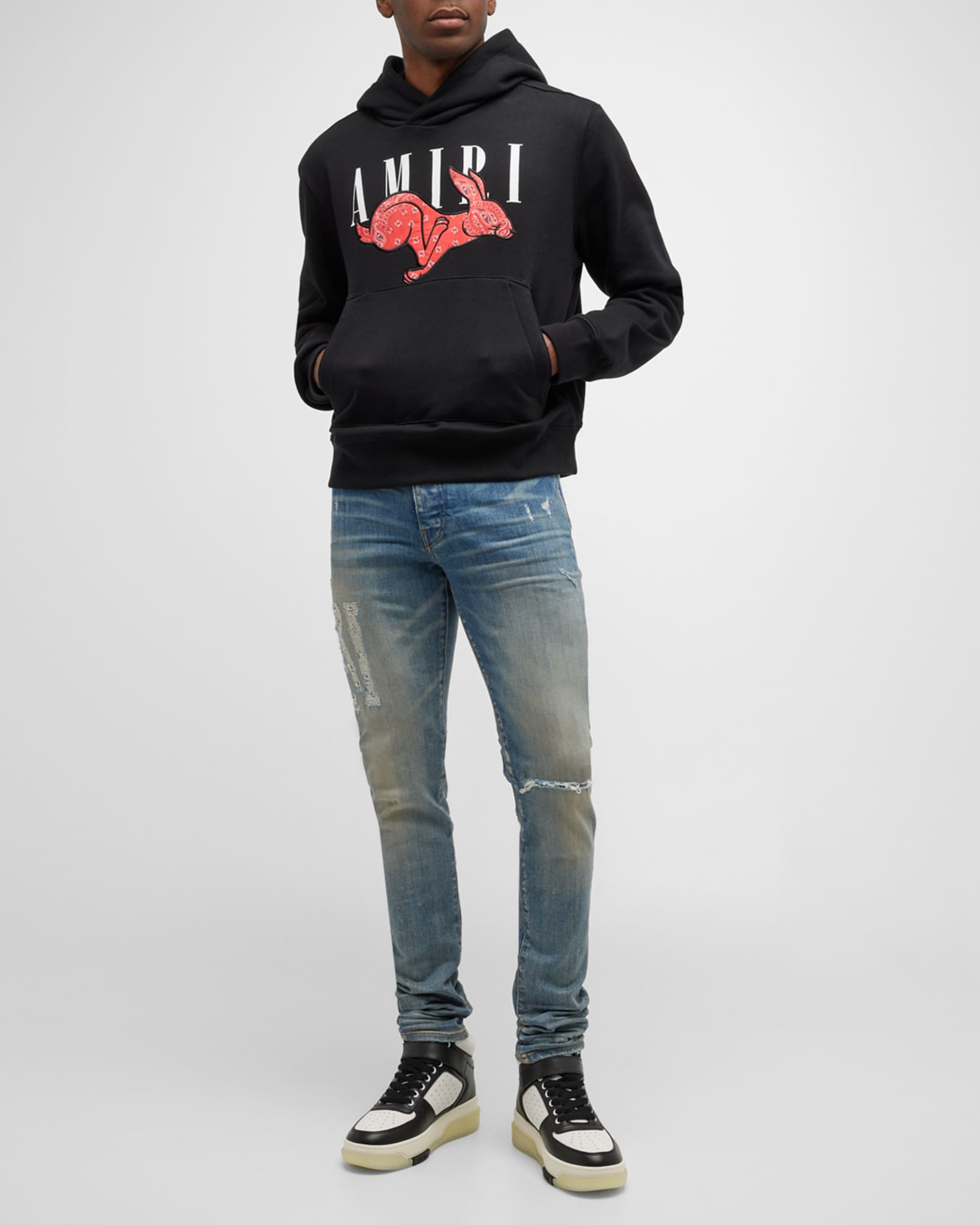 Amiri Men's Distressed Logo Tapered Jeans | Neiman Marcus