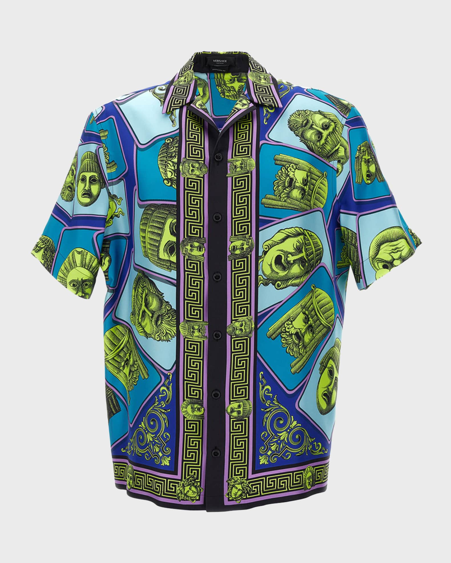 Versace Men's Le Maschere Silk Foulard Short-Sleeve Shirt | Neiman Marcus