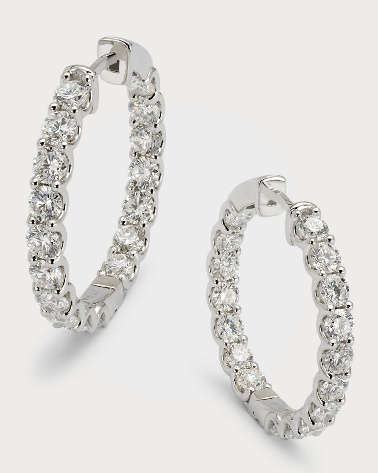18K White Gold Round Diamond Hoop Earrings, 1"L 0