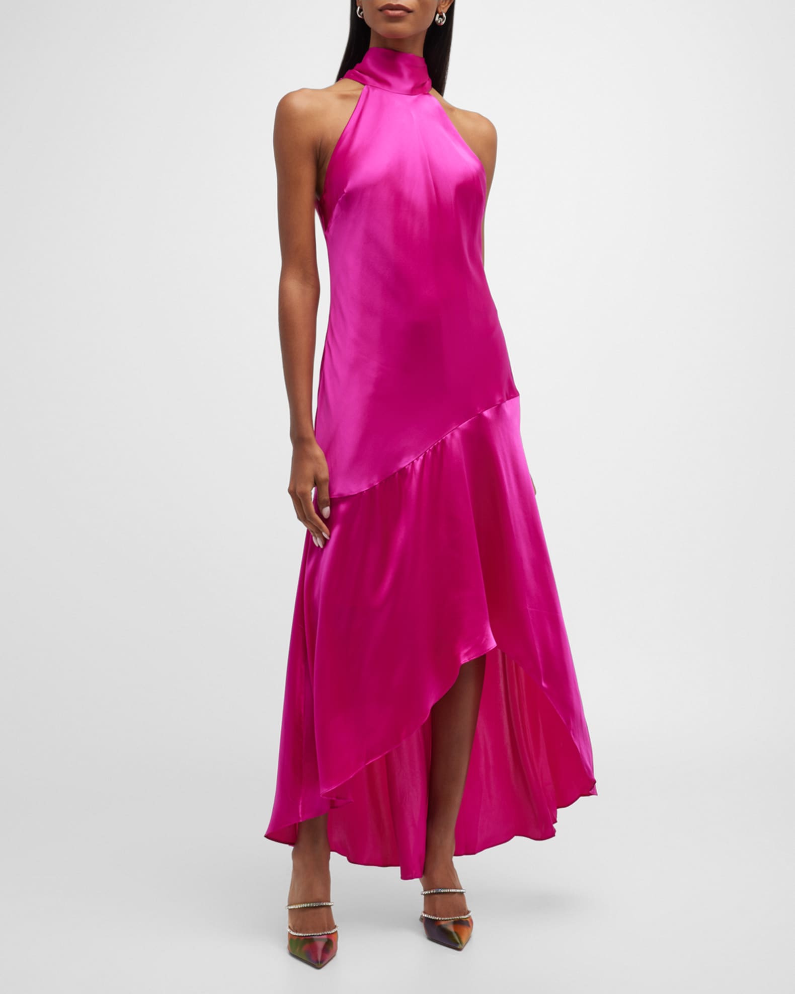 FRAME Silk HighLow Halter Midi Dress Neiman Marcus