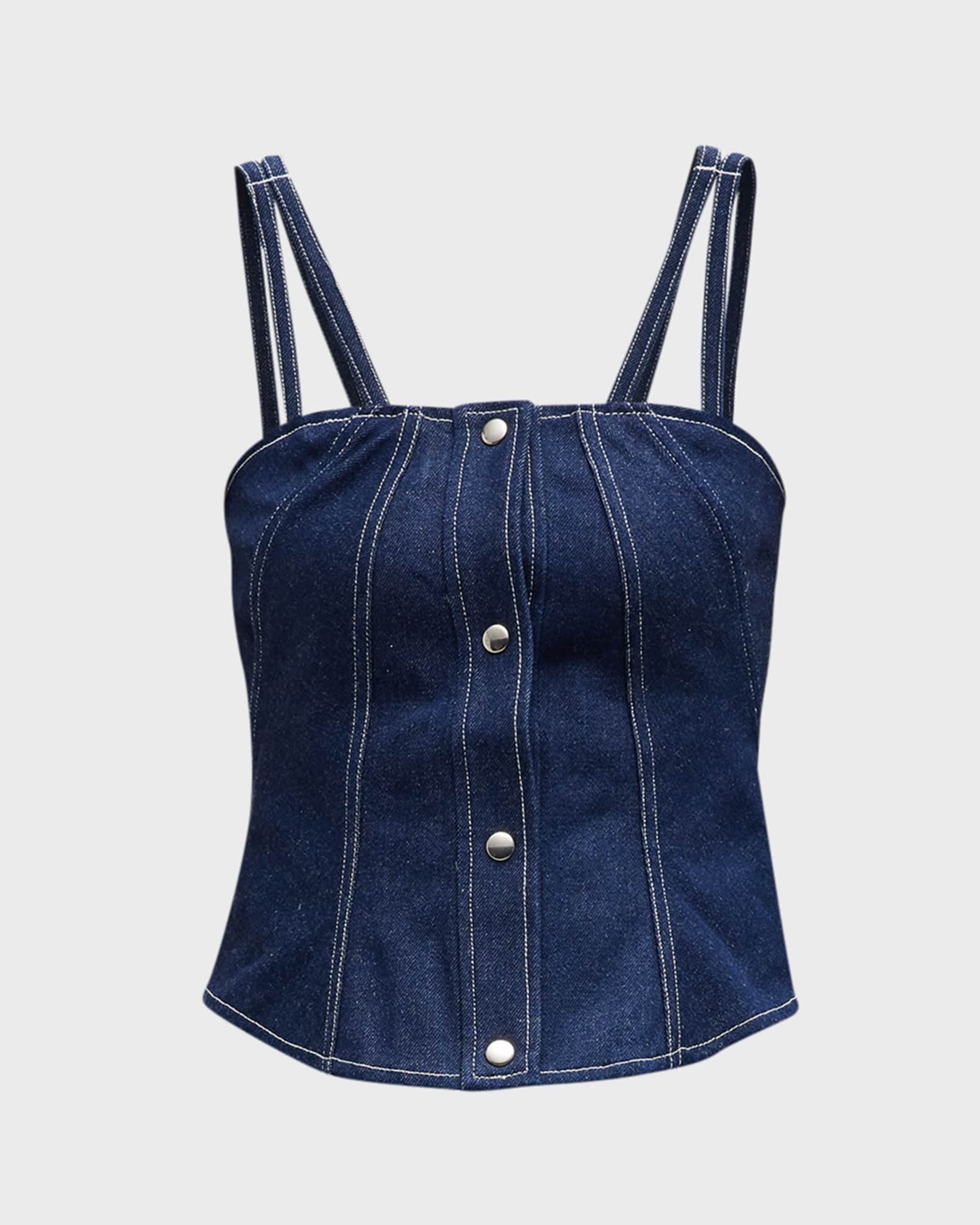 Denim Bustier and Belted Denim Trousers Neiman Marcus