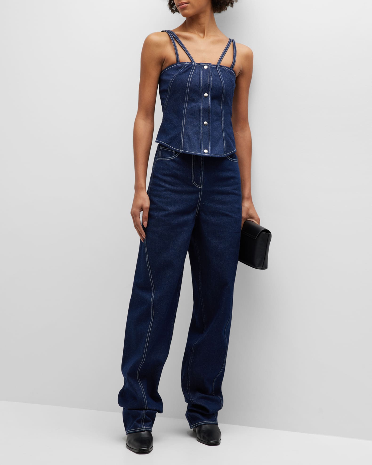 Denim Bustier and Belted Denim Trousers | Neiman Marcus