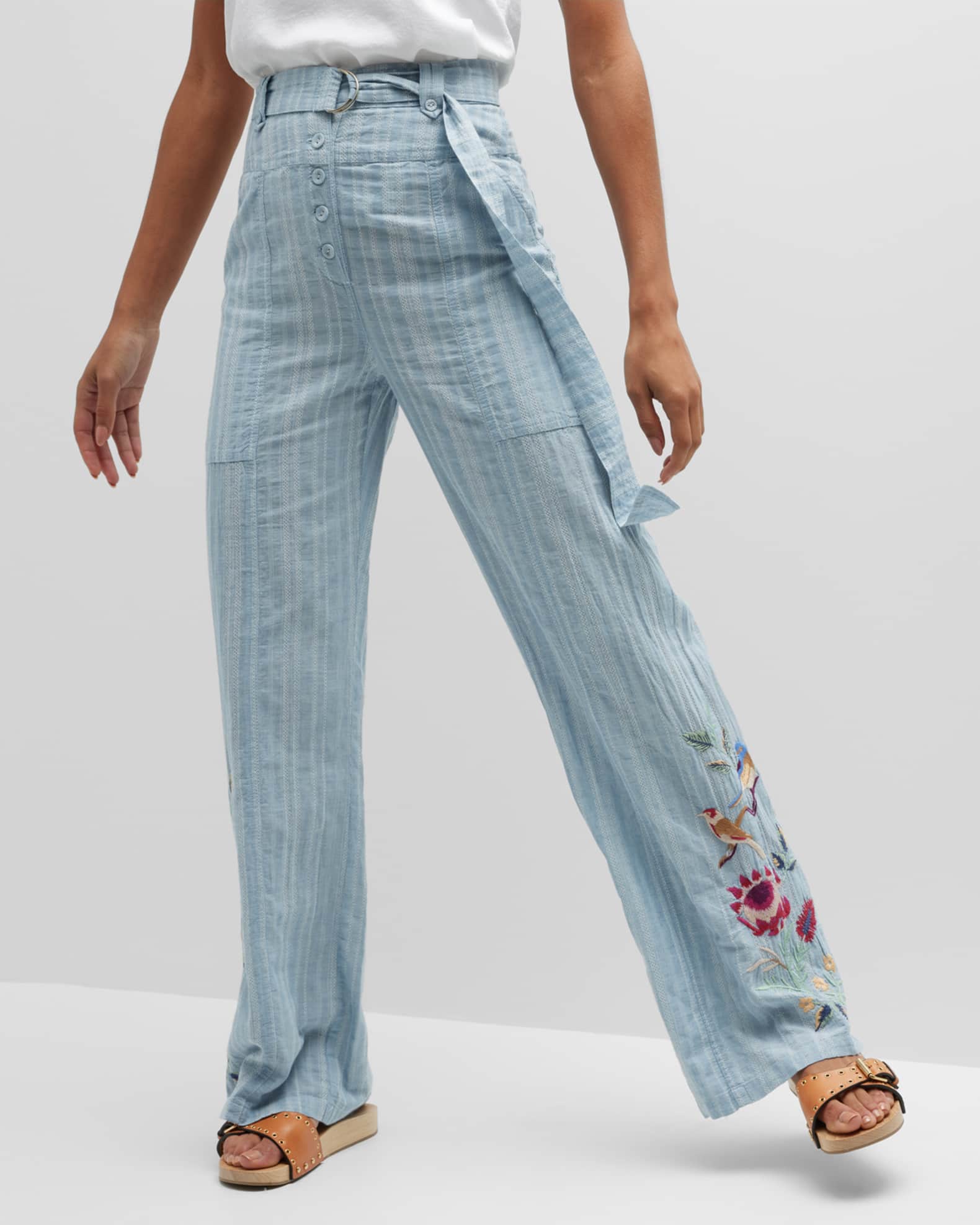 Johnny Was Paloma Belted Wide-Leg Embroidery Pants | Neiman Marcus