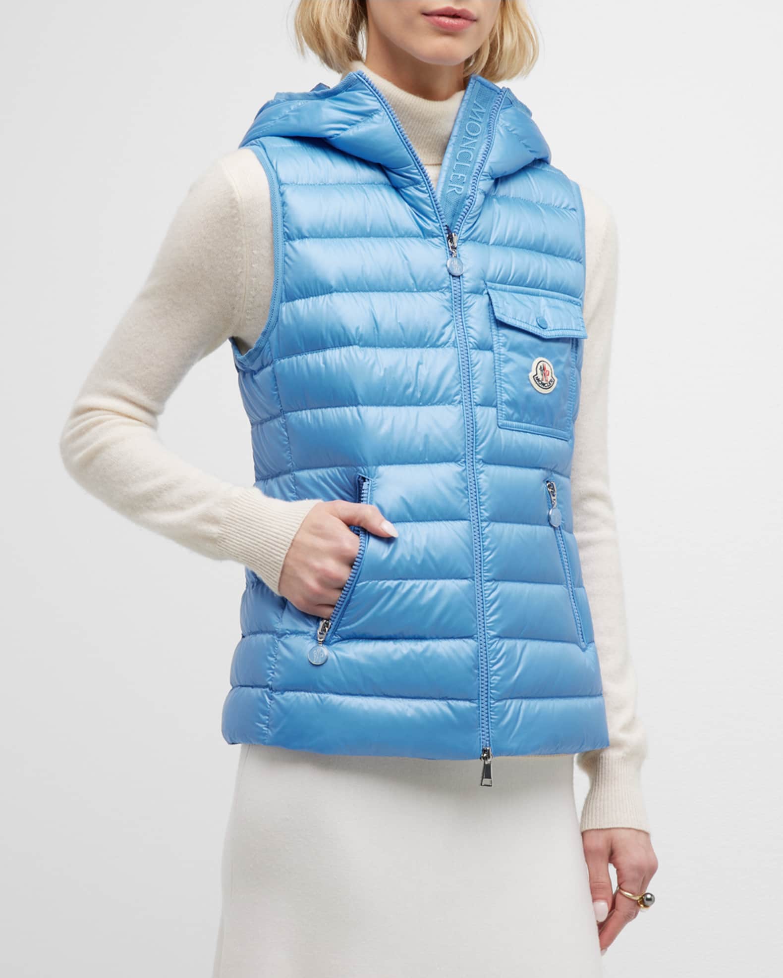 Moncler Glygos Puffer Vest w/ Hooded Collar | Neiman Marcus