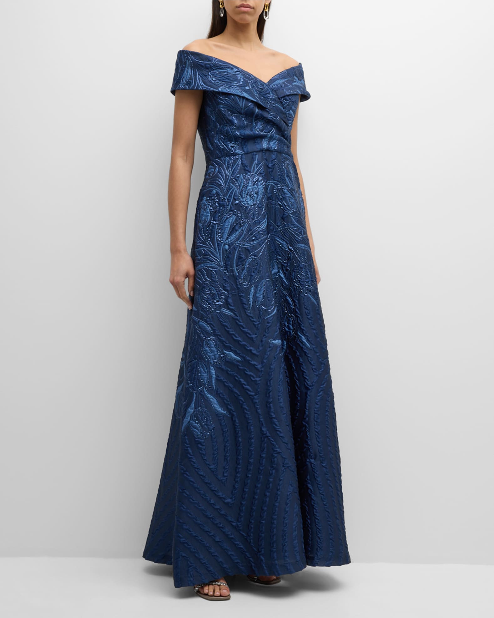 Rickie Freeman for Teri Jon Off Shoulder Metallic Jacquard Gown Neiman Marcus