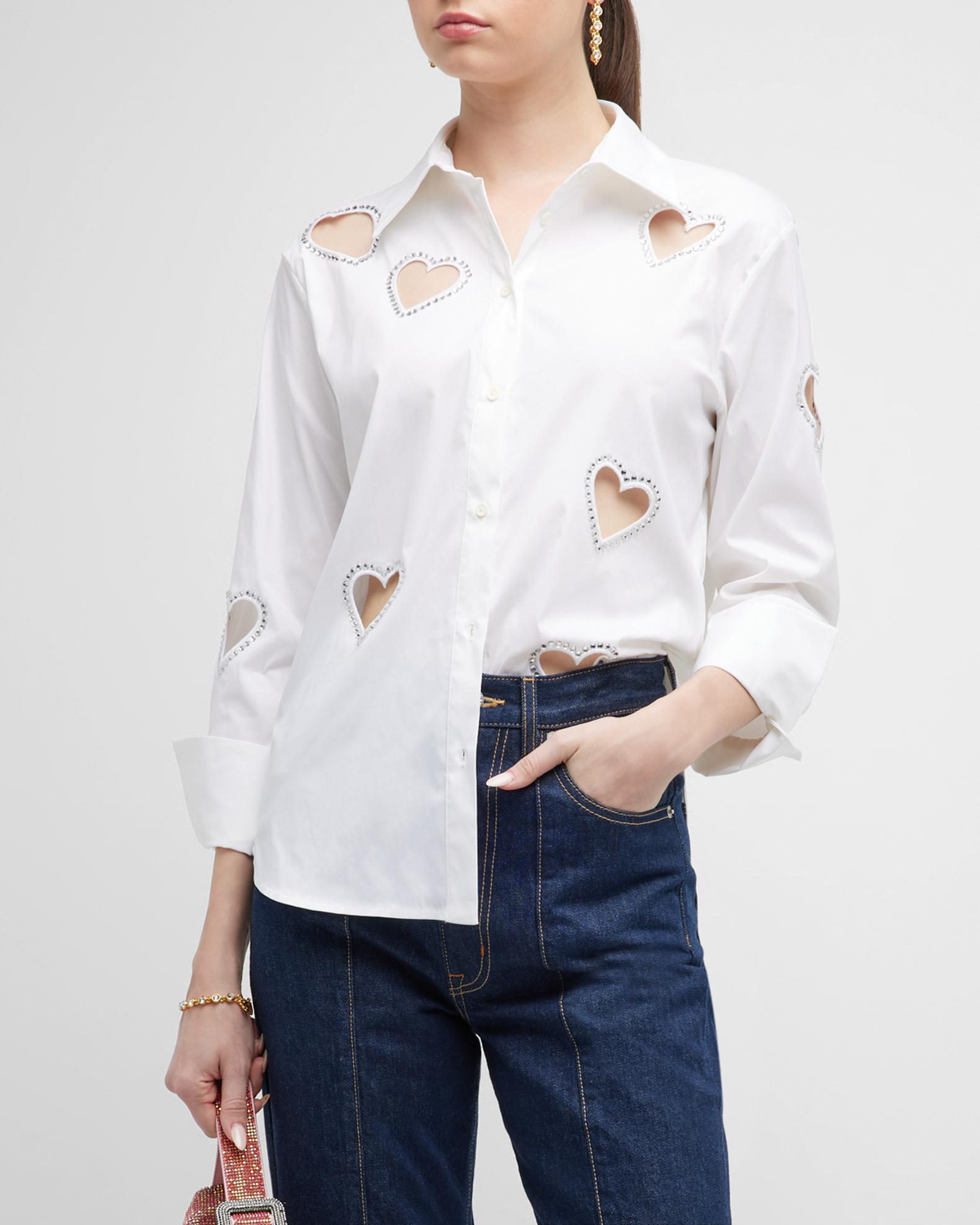 ALICE + OLIVIA Finely Embellished Button-Front Heart Cutout Shirt 