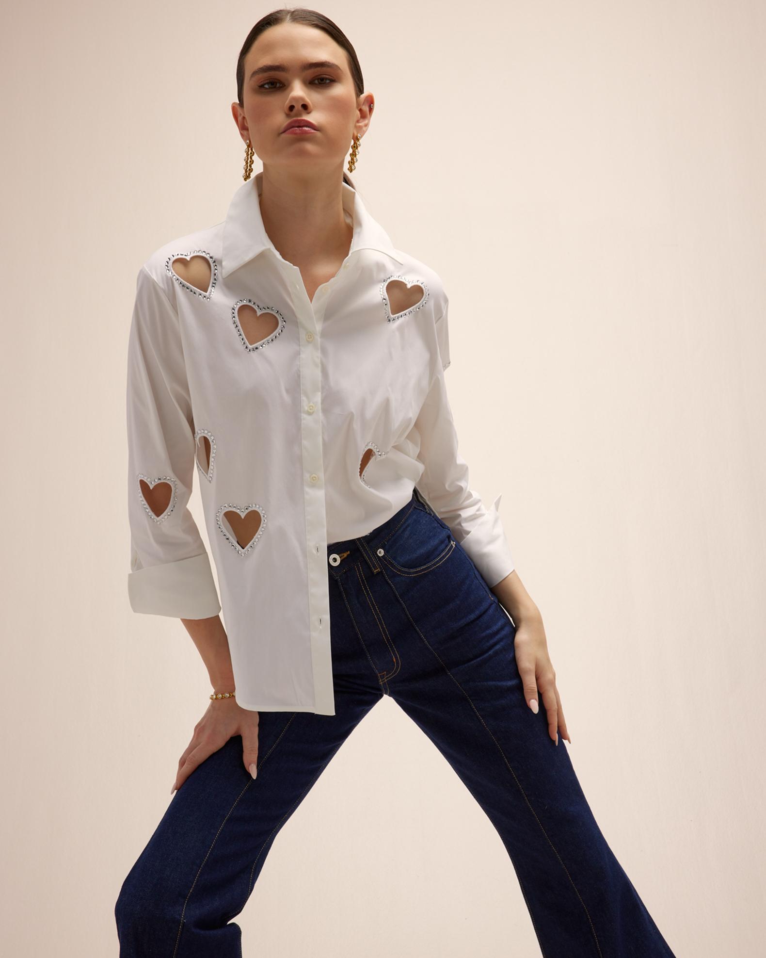 ALICE + OLIVIA Finely Embellished Button-Front Heart Cutout Shirt 