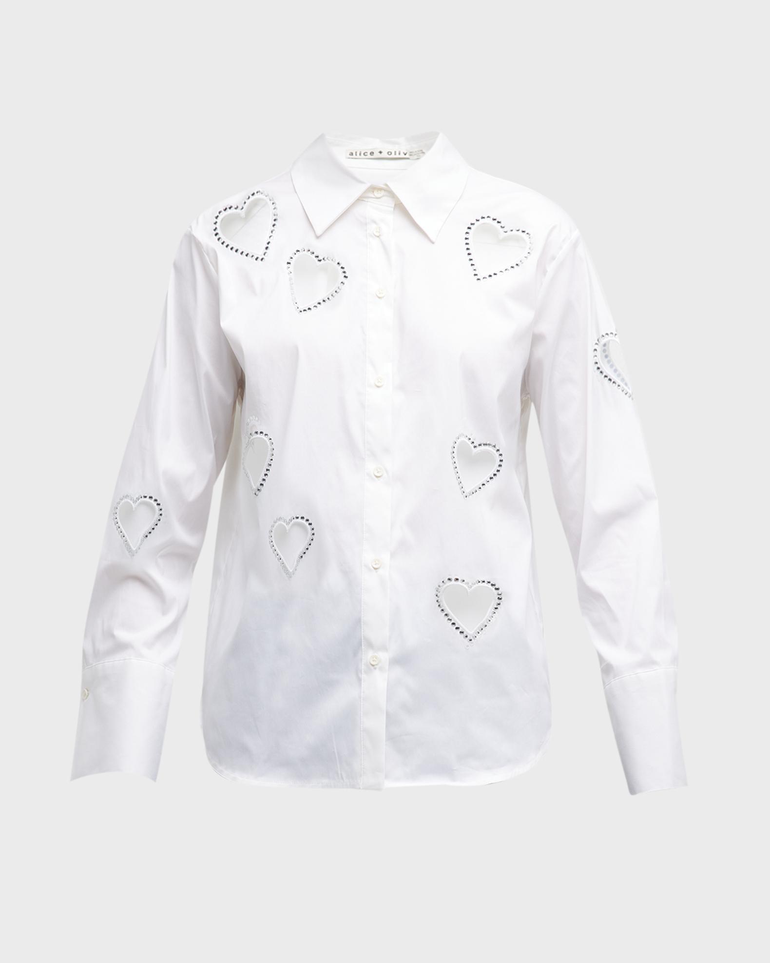 ALICE + OLIVIA Finely Embellished Button-Front Heart Cutout Shirt 