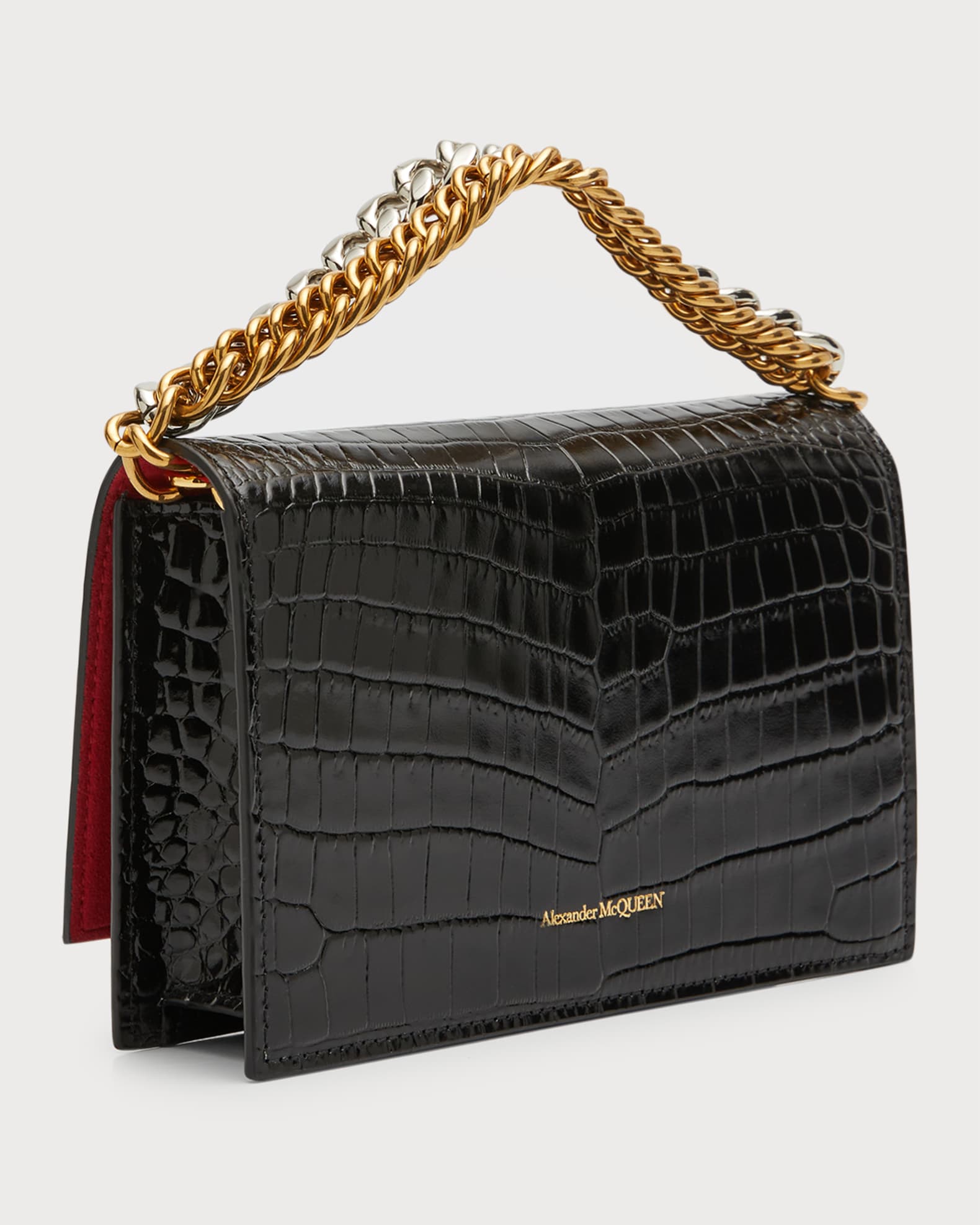 Alexander McQueen Small Skull Croc Embossed Shoulder Bag Neiman Marcus