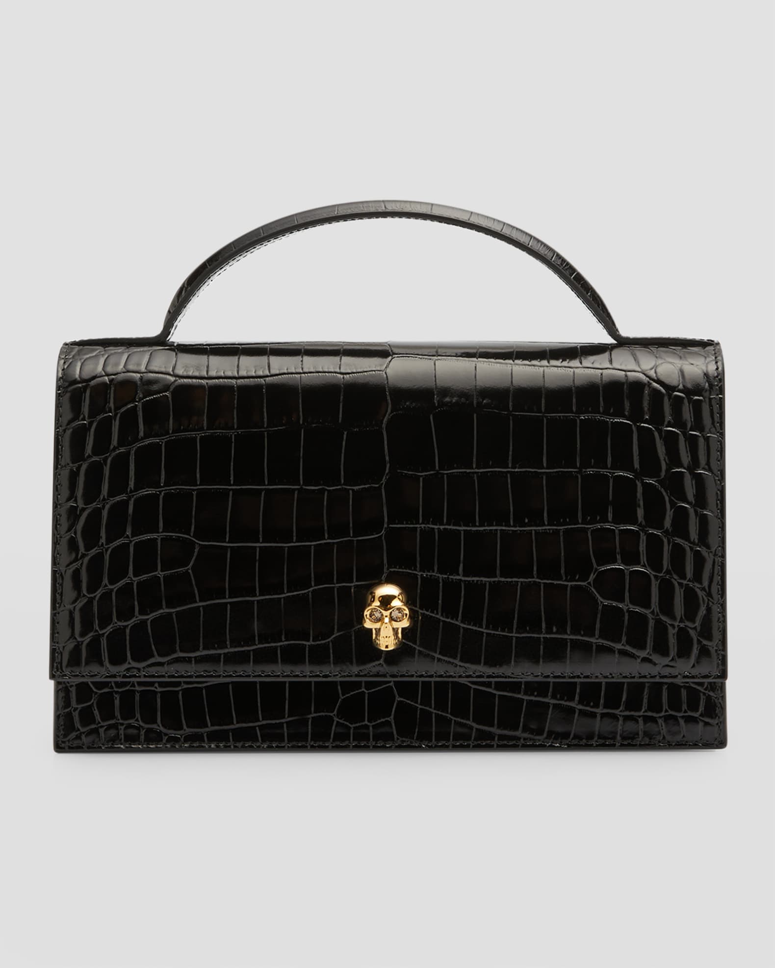 【Alexander McQueen】麻レザーバッグ McQueen Medium Skull Croc-Embossed Top-Handle Bag | Neiman Marcus