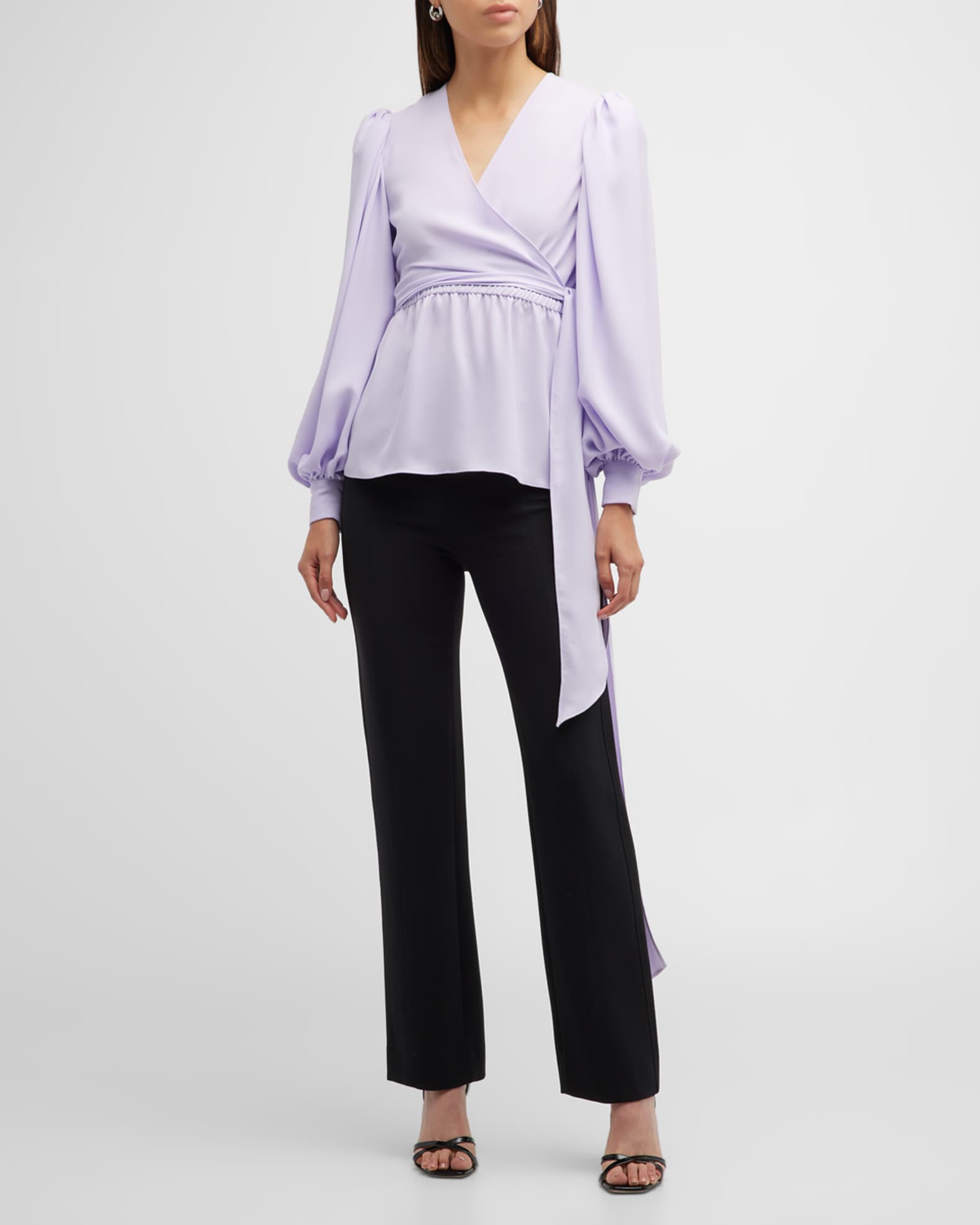 Trina Turk Aquatic Faux-Wrap Bishop-Sleeve Top | Neiman Marcus