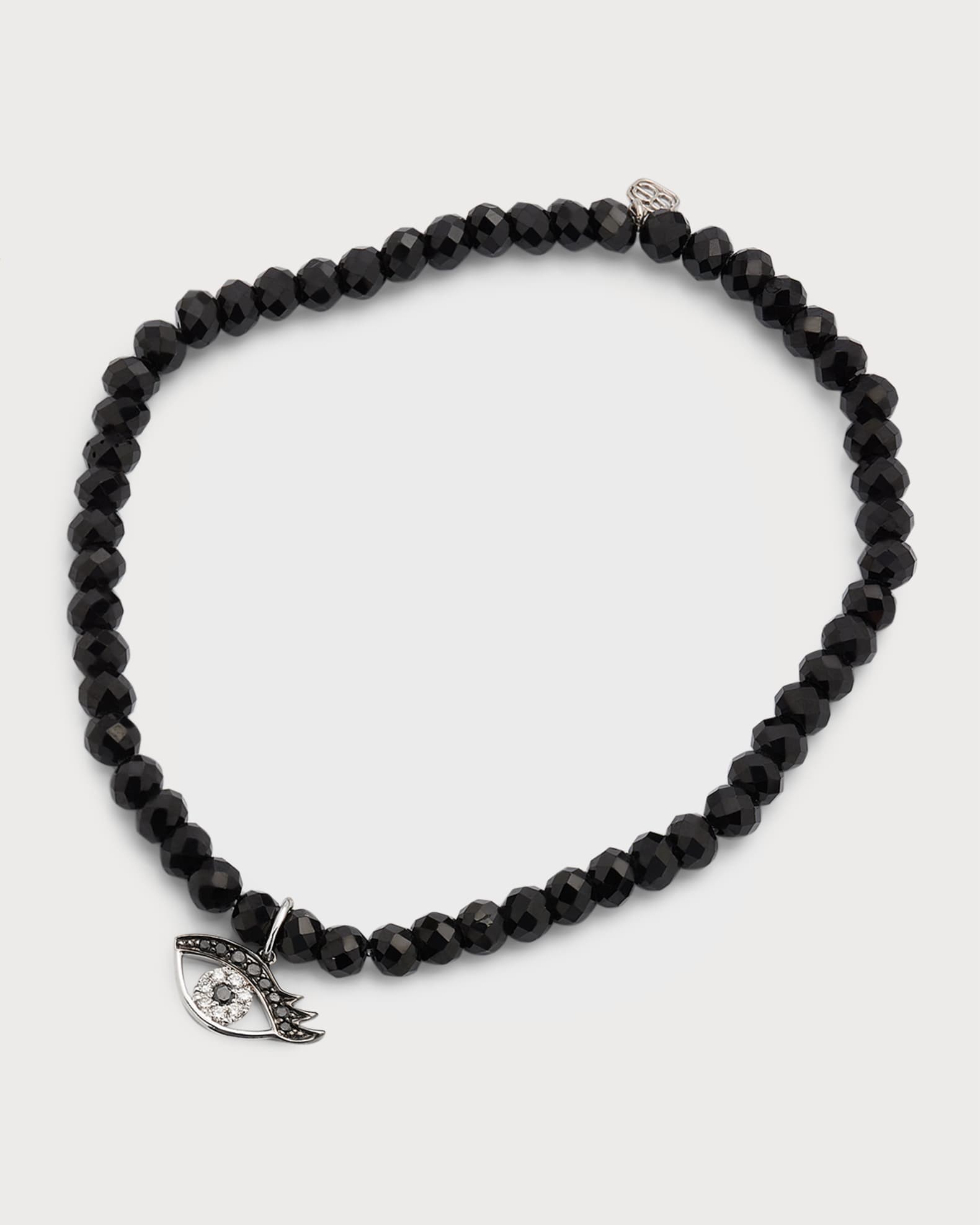4mm Black Spinel Faceted Rondelle Bracelet With Small Diamond Evil Eye Charm 0