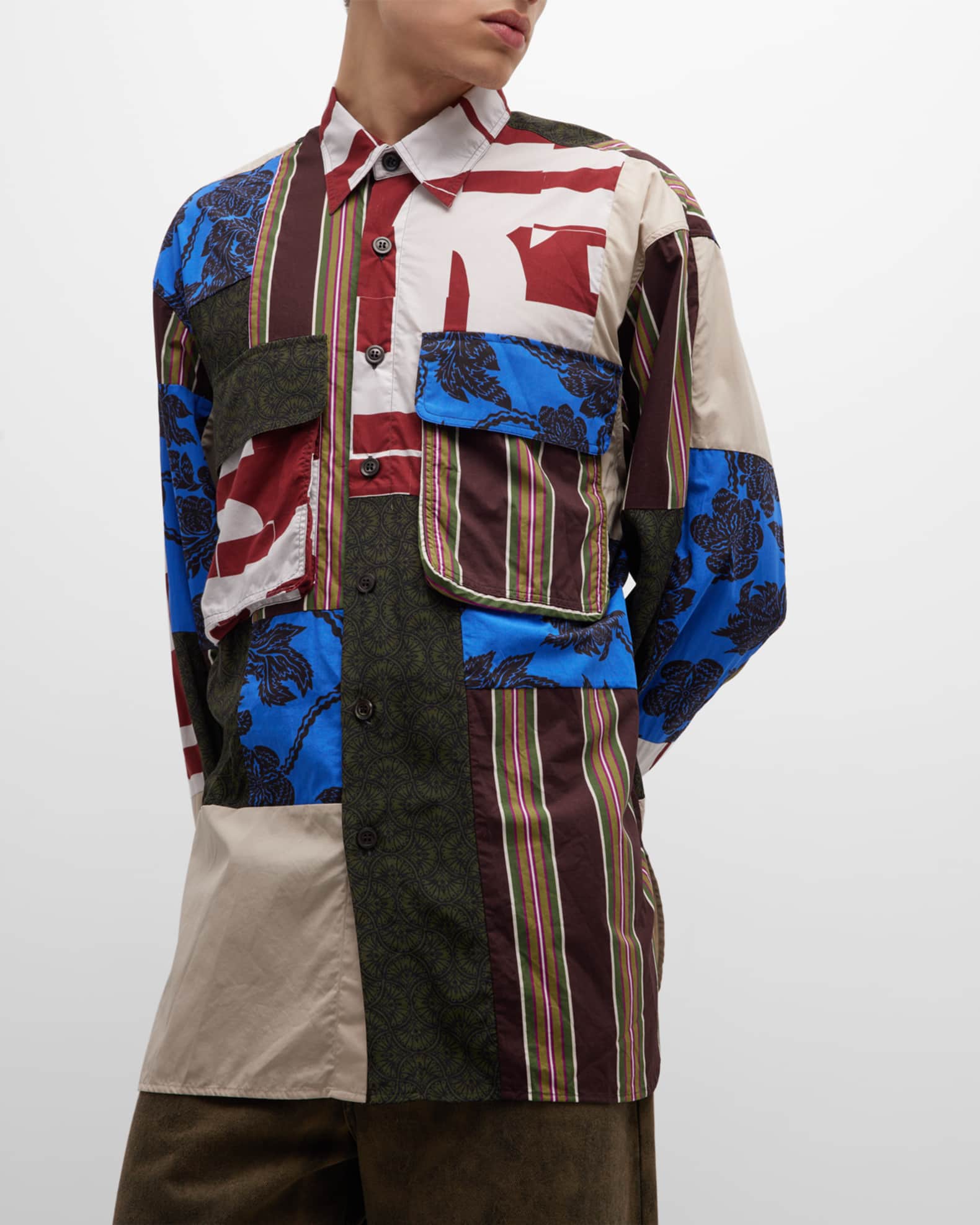 Dries Van Noten Men's Cander Patchwork Cargo Shirt | Neiman Marcus