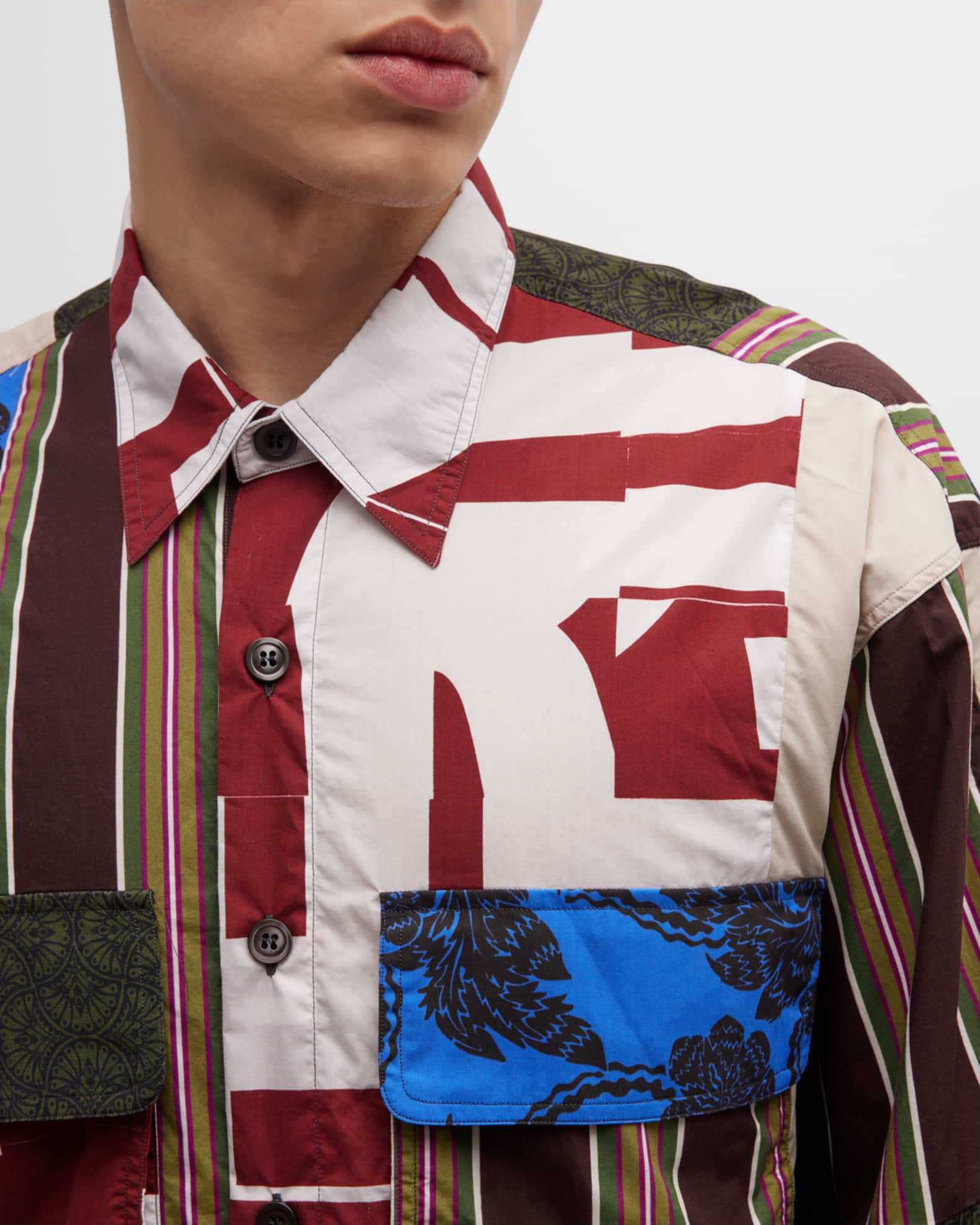 Dries Van Noten Men's Cander Patchwork Cargo Shirt | Neiman Marcus