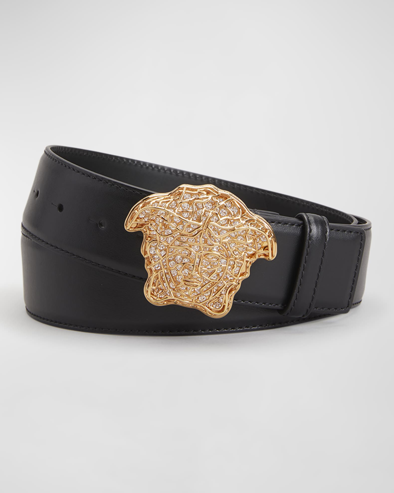 Versace Men's Crystal Medusa Head Cutout Leather Belt, Blackversace Gold, Men's, 44in / 110cm, Belts Leather Belts
