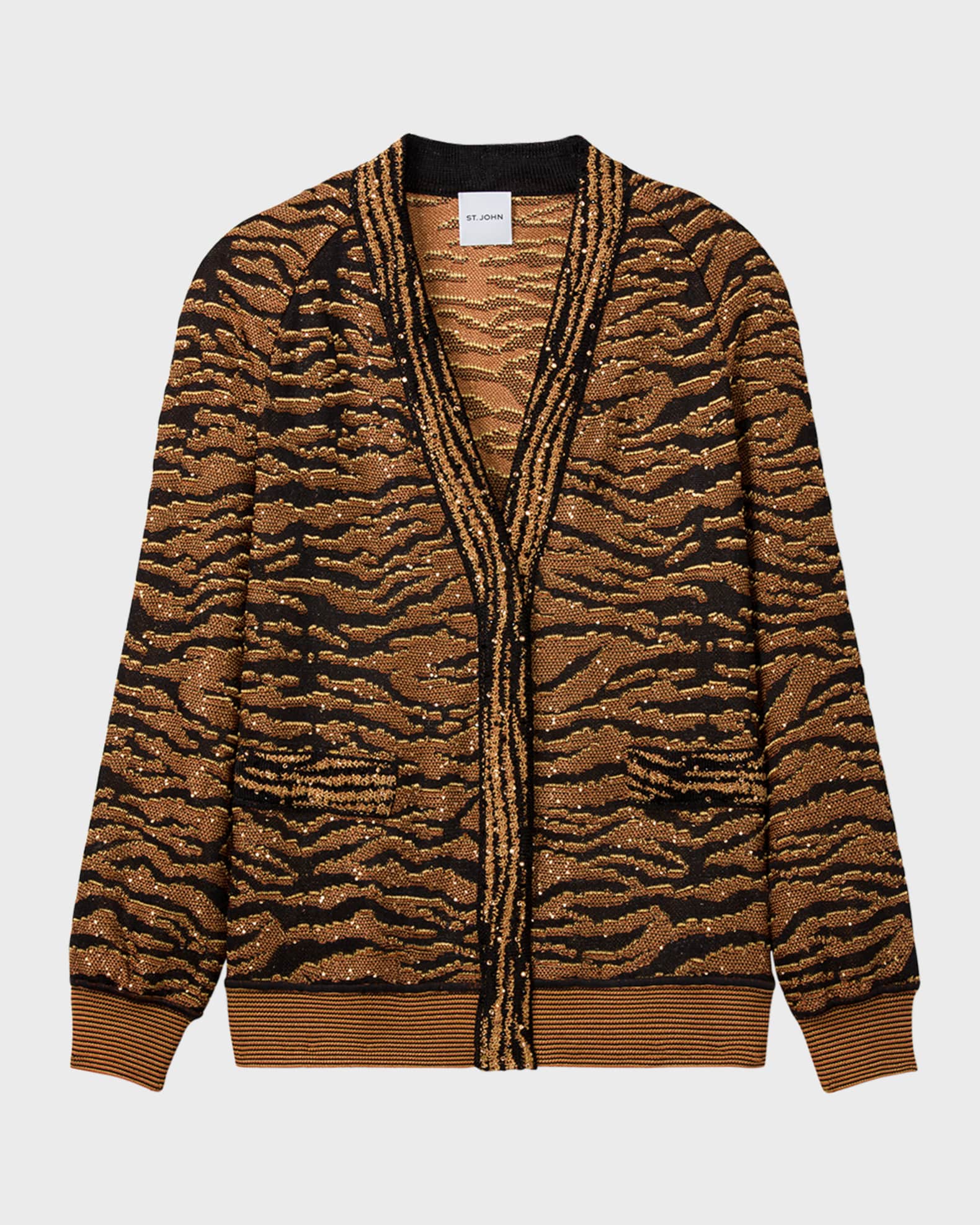 St. John Metallic Tiger Sequin Jacquard Knit V Neck Cardigan Neiman Marcus