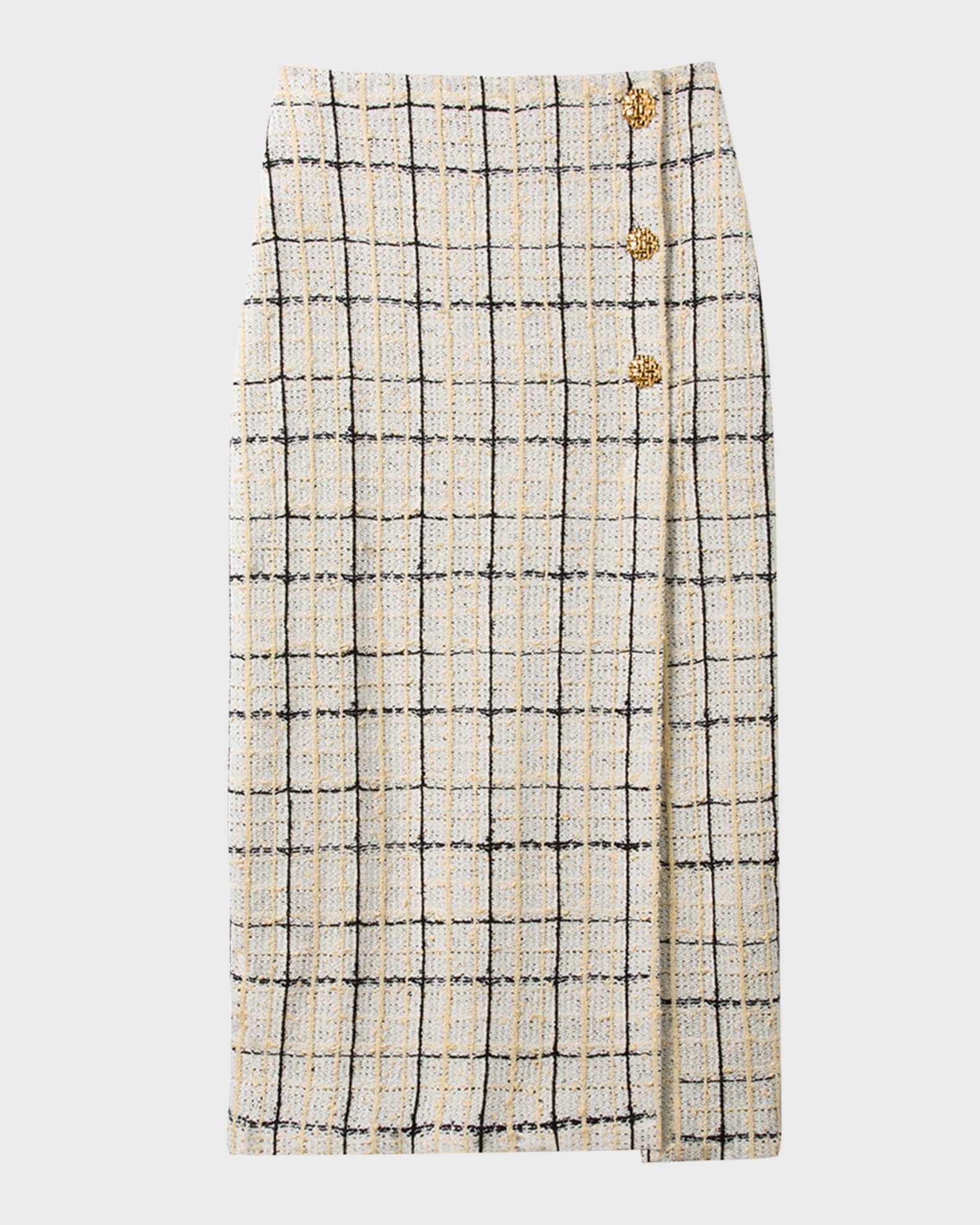 St. John Plaid Boucle Tweed Knit Button-Front Midi Skirt