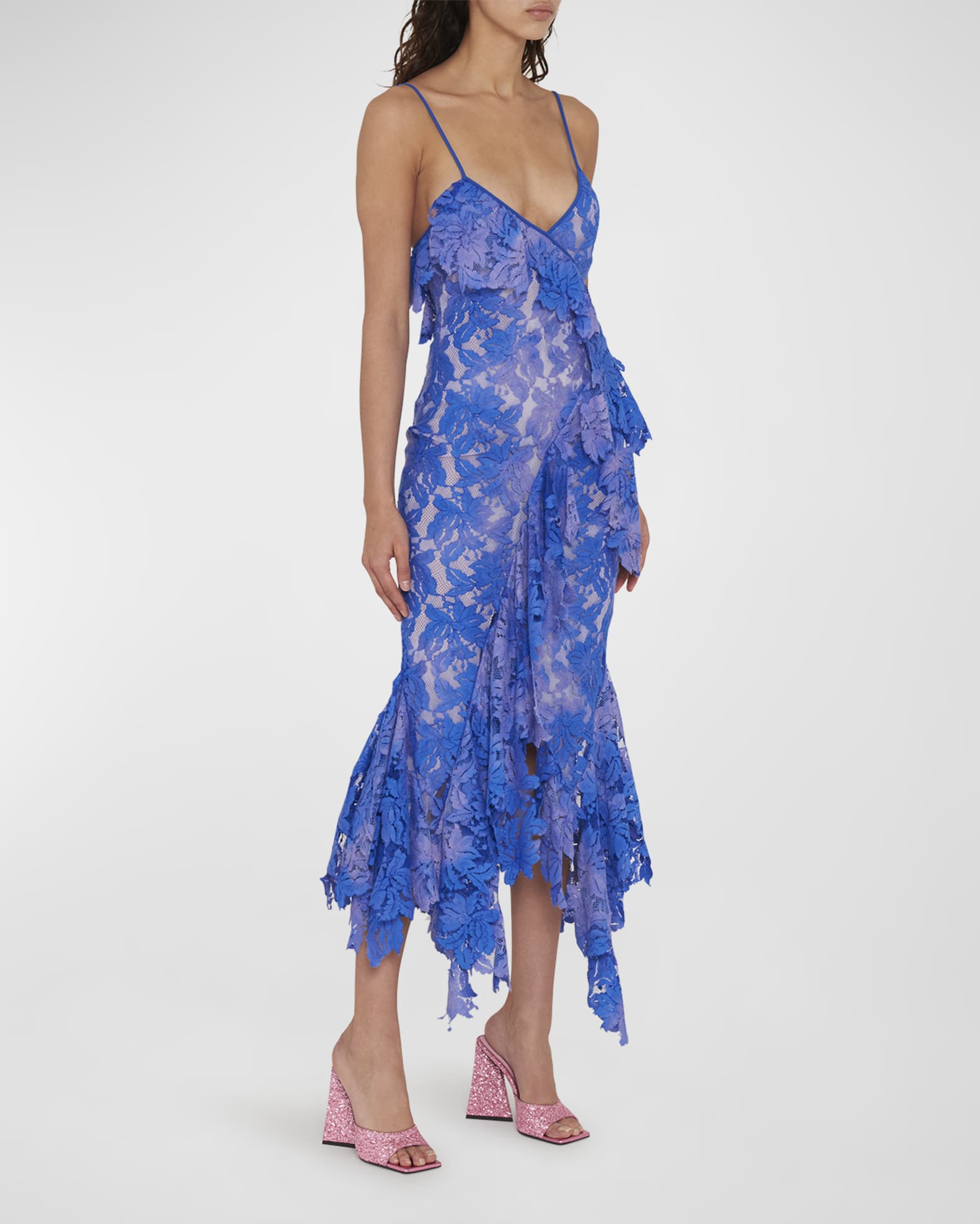 The Attico Thelma Ruffle Godet-Hem Lace Midi Dress | Neiman Marcus
