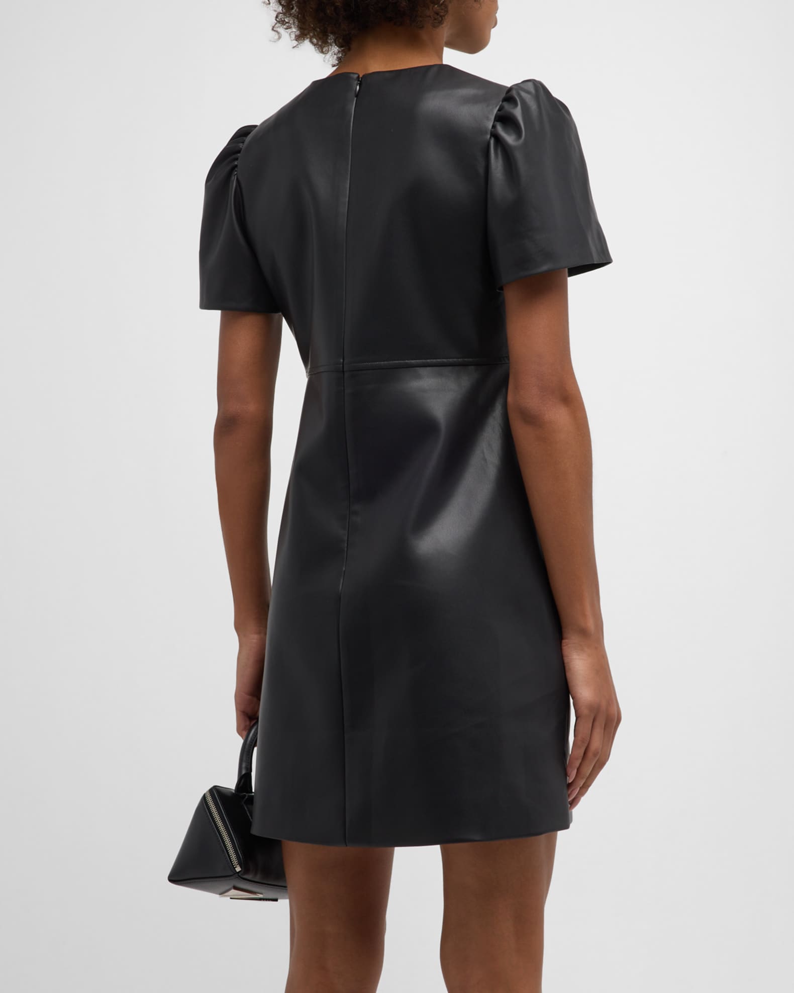 Tanya Taylor Antonella Vegan Leather Pleated-Sleeve Mini Dress | Neiman ...