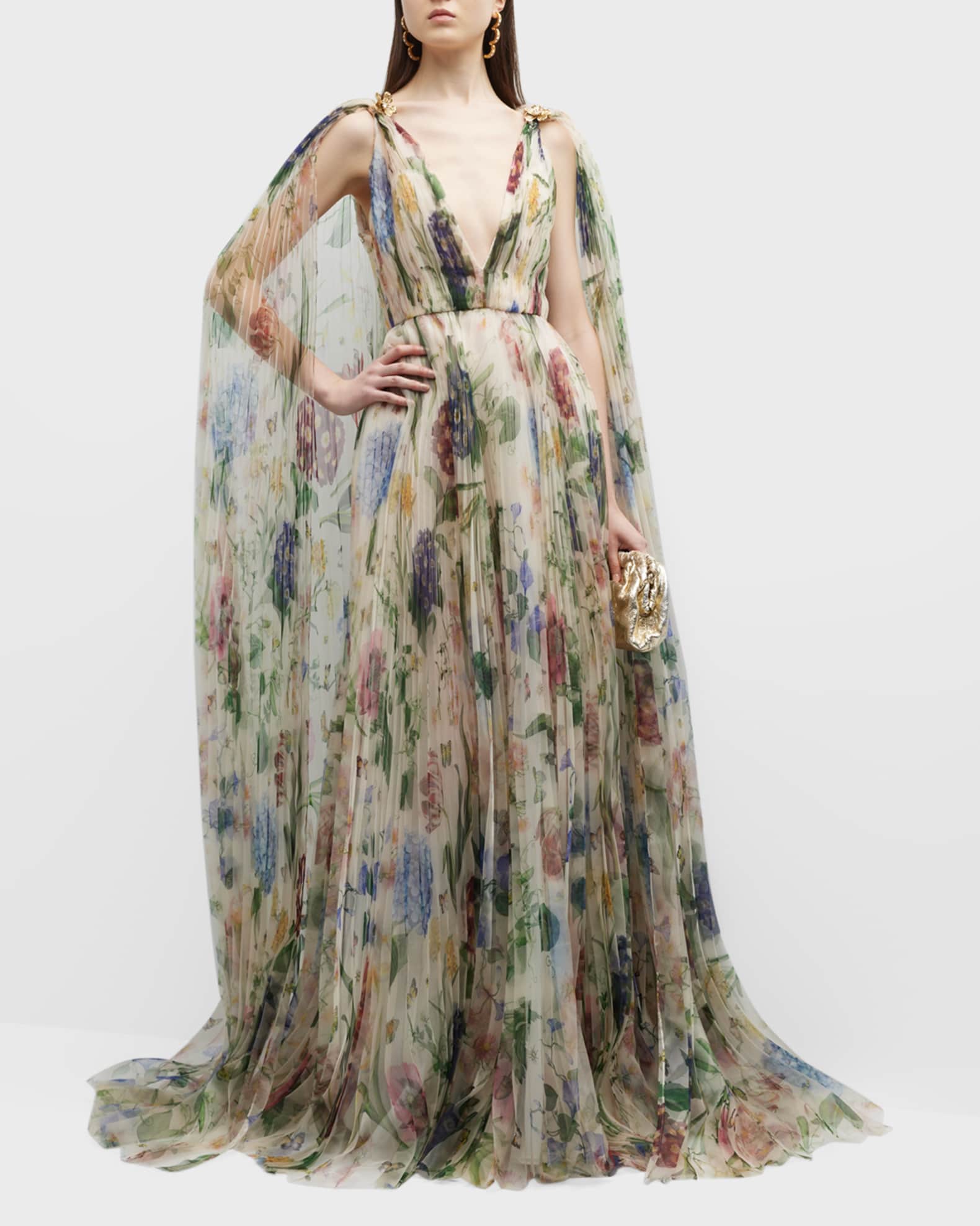 Oscar de la Renta Pleated Multi-Floral Gossamer Gown with Cape | Neiman ...