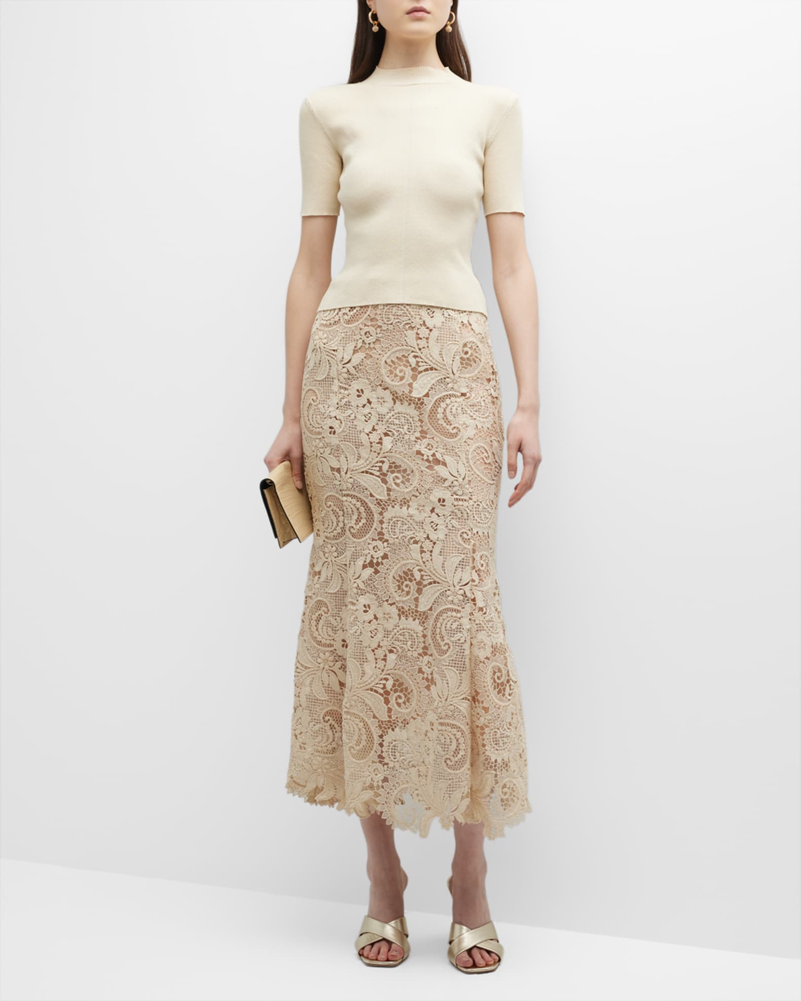 Oscar de la Renta Corded Scroll Flared Midi Skirt | Neiman Marcus