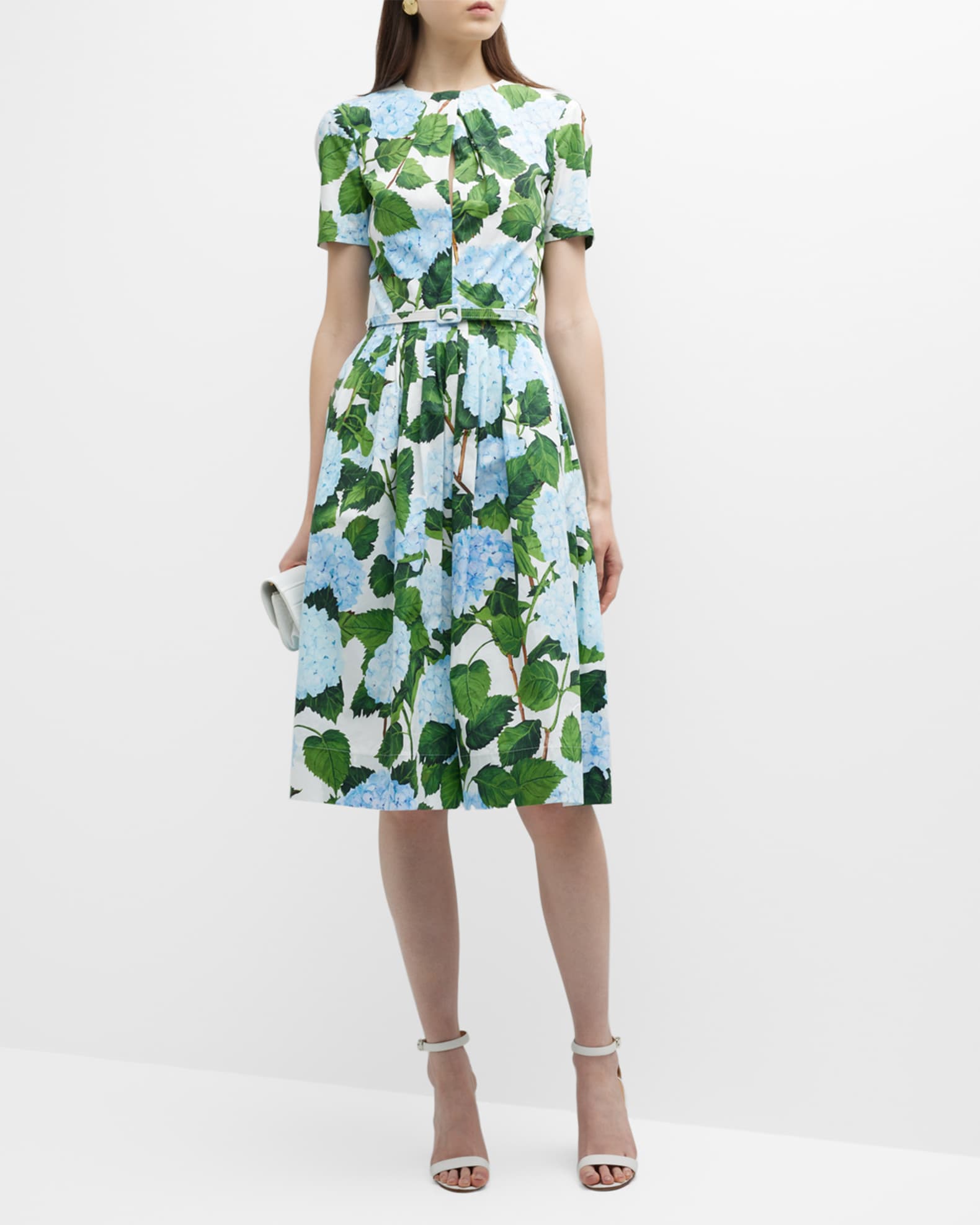 Oscar de la Renta Hydrangea Print Poplin Midi Dress | Neiman Marcus