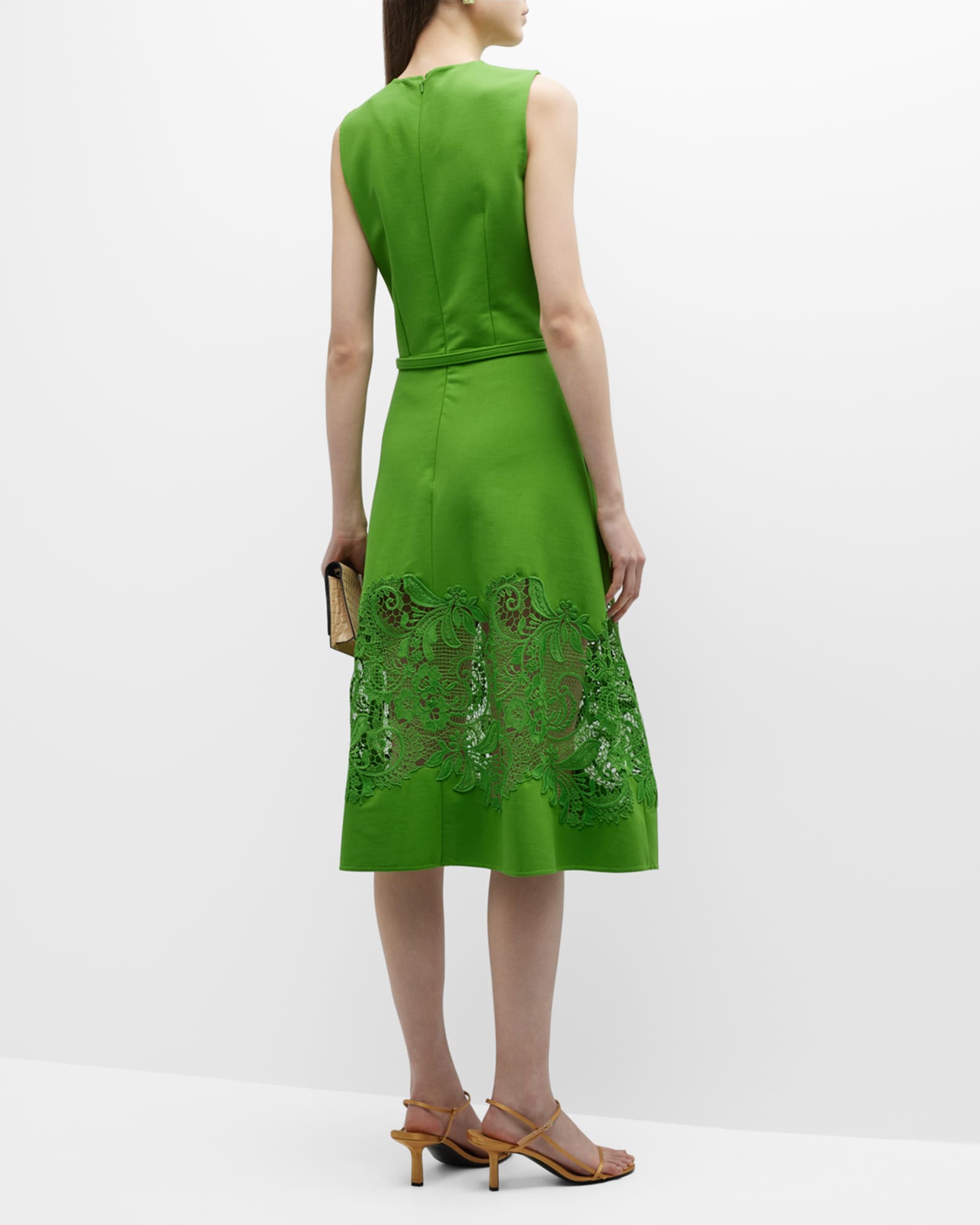 Oscar de la Renta Belted Midi Dress with Lace Inset | Neiman Marcus