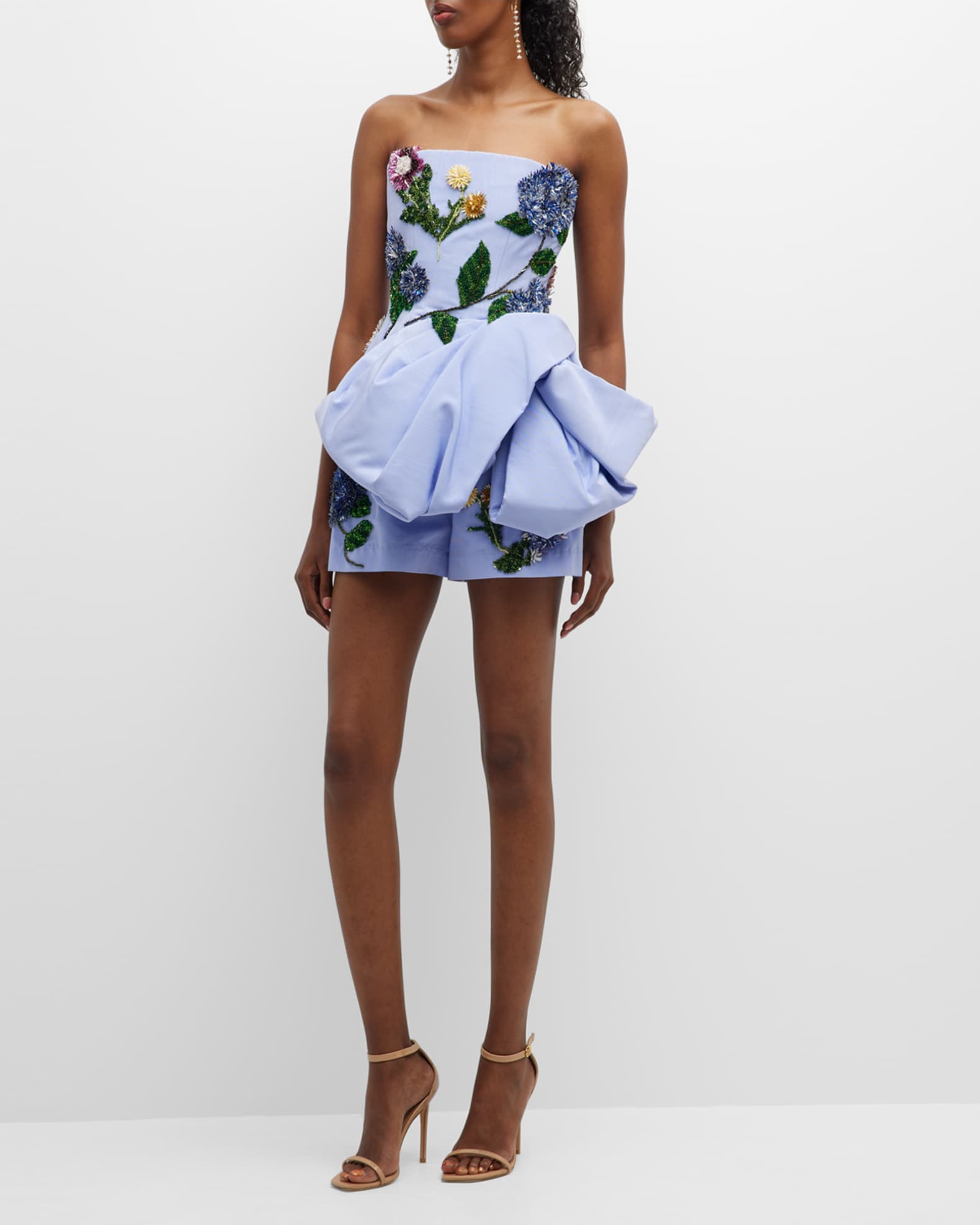 Oscar de la Renta Floral Beaded Bow-Peplum Moire Faille Bustier Top ...