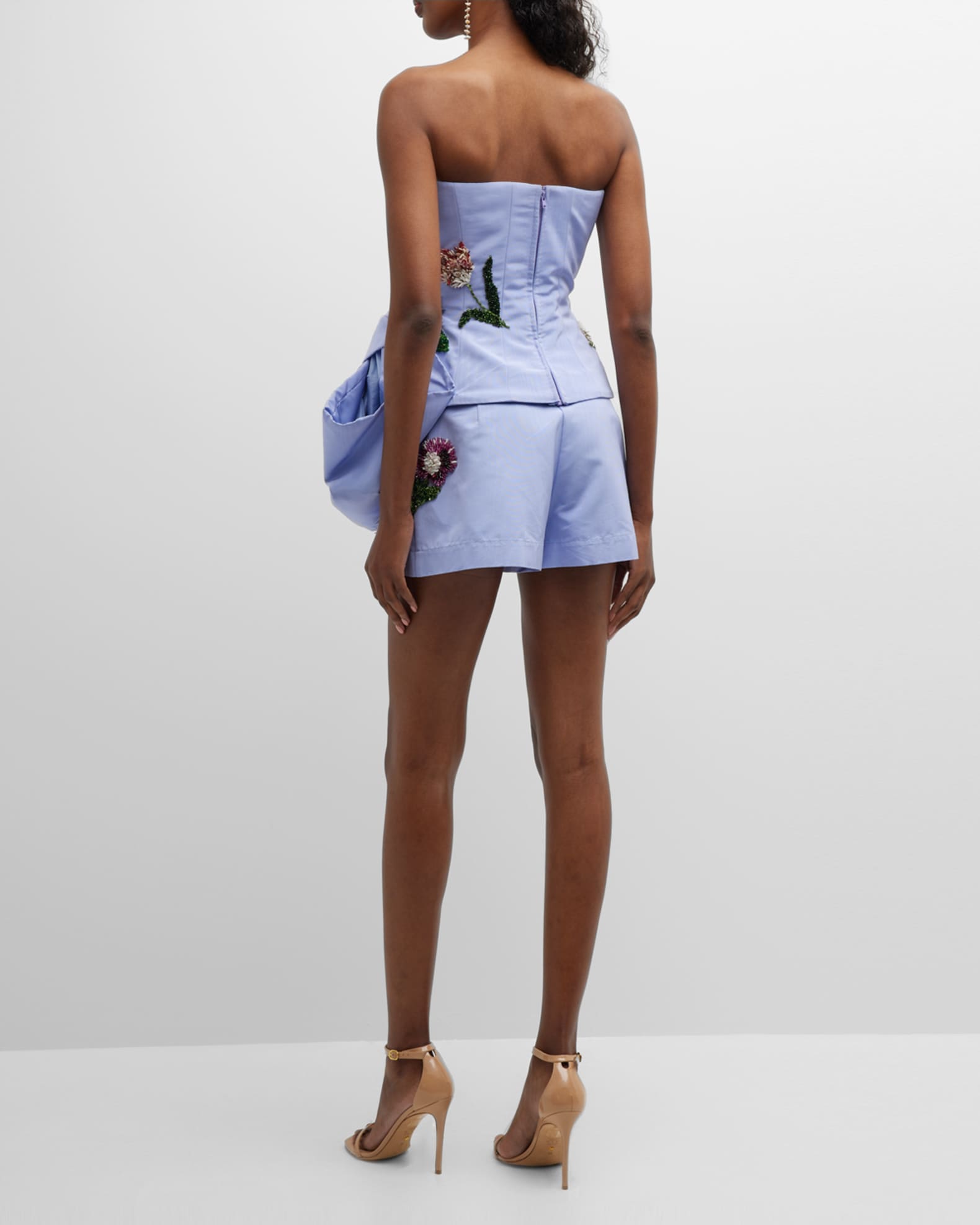 Oscar de la Renta Floral Beaded Bow-Peplum Moire Faille Bustier Top ...